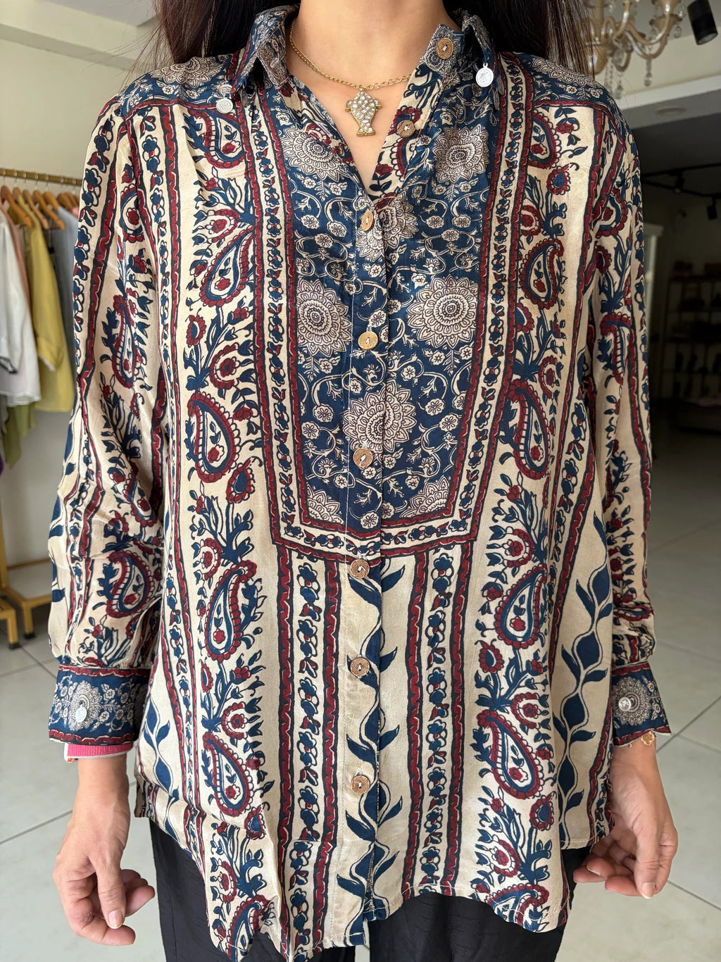 Hndcrafted Charms Detailing Pure Crepe Ajrak Shirt - BEIGE