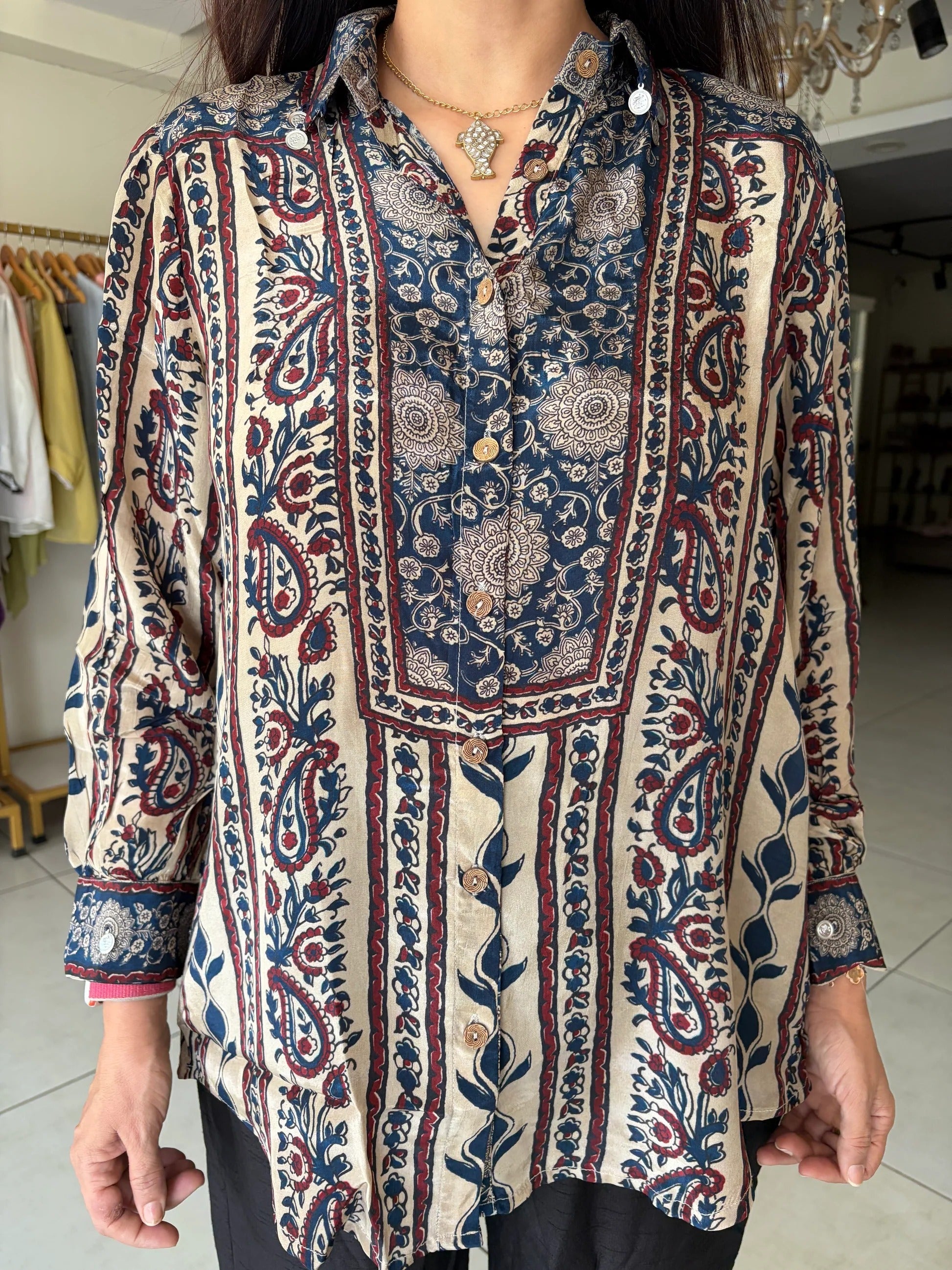 Hndcrafted Charms Detailing Pure Crepe Ajrak Shirt - BEIGE