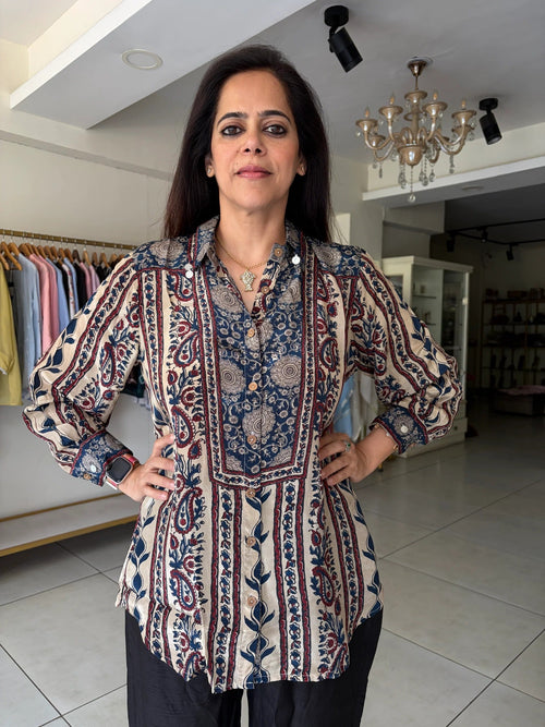 Hndcrafted Charms Detailing Pure Crepe Ajrak Shirt - BEIGE