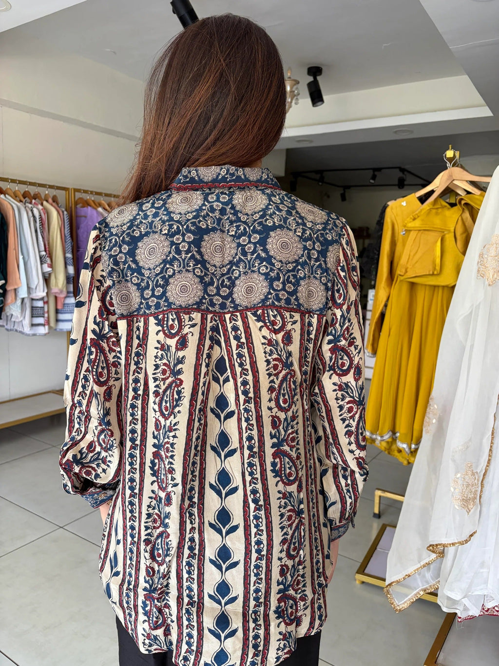 Hndcrafted Charms Detailing Pure Crepe Ajrak Shirt - BEIGE