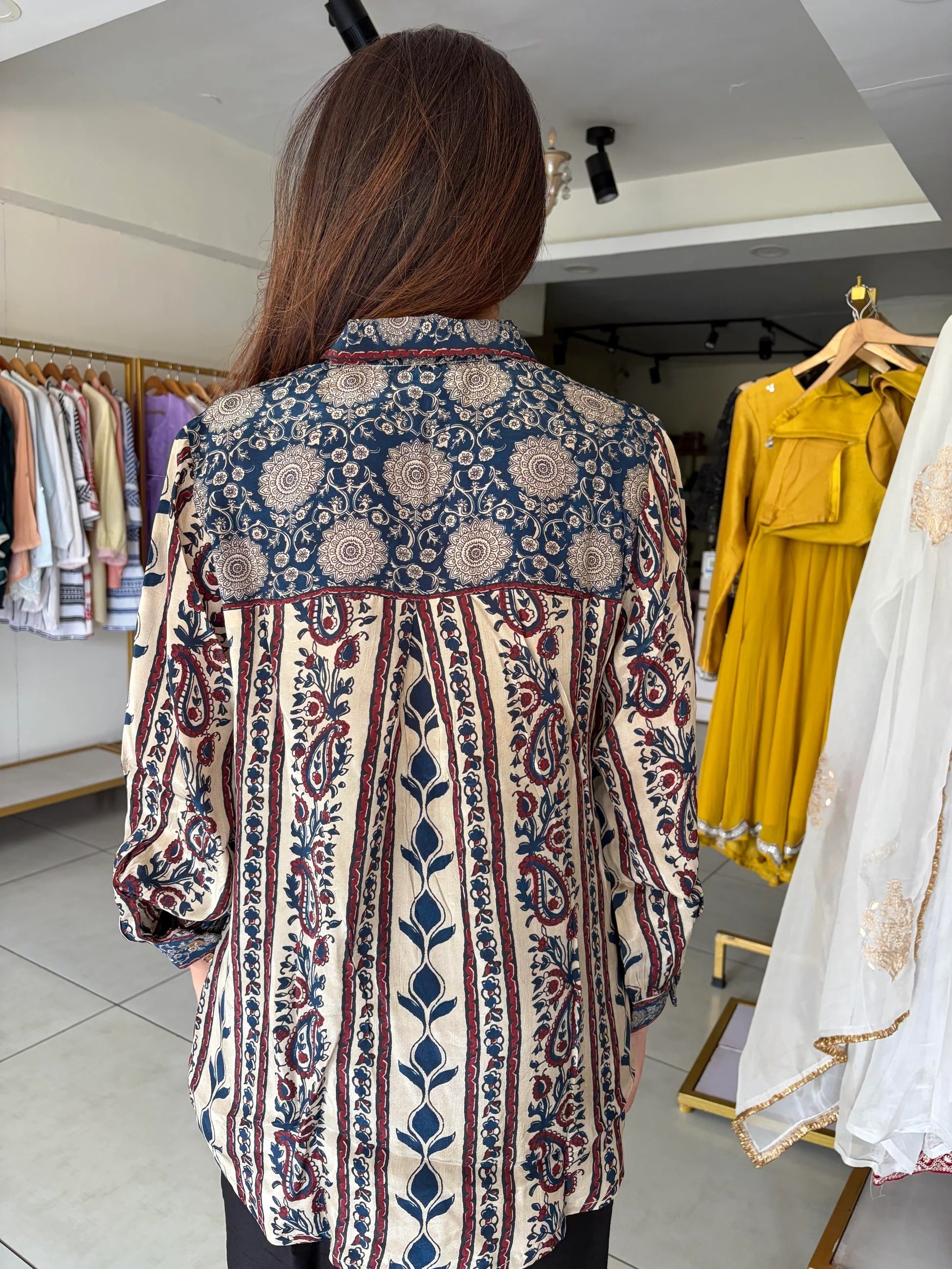 Hndcrafted Charms Detailing Pure Crepe Ajrak Shirt - BEIGE