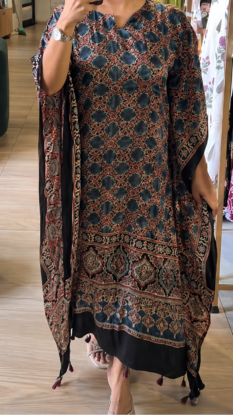 Modal Silk Ajrakh Printed Kaftan with Tassel - BLACK