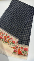 Premium Linen Cotton Saree with Floral Printed Border - BLACK