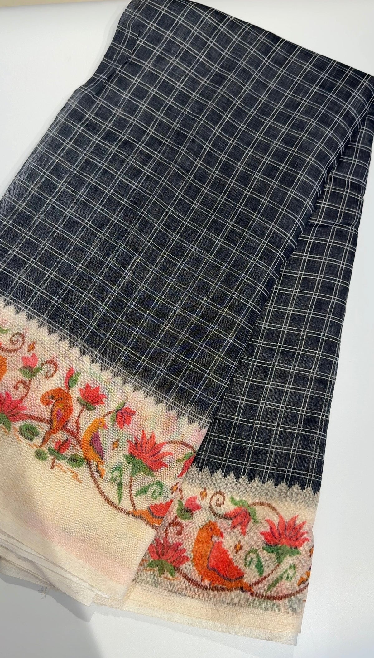 Premium Linen Cotton Saree with Floral Printed Border - BLACK