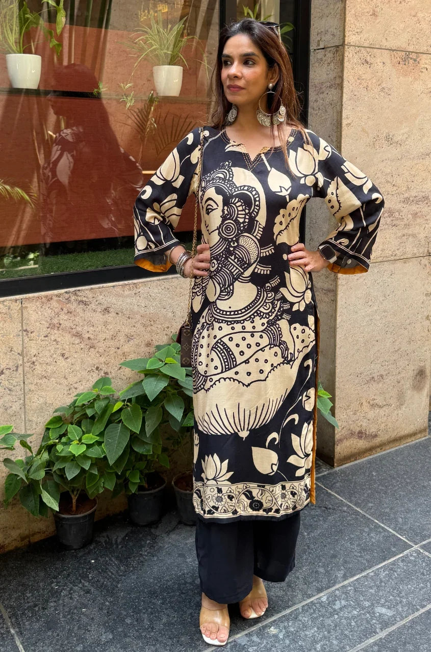 Folk Art Inspired Printed Straight Kurta Set With Pants - BLACK