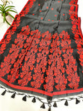 Tussar Raw Silk Floral Weaving Saree - BLACK