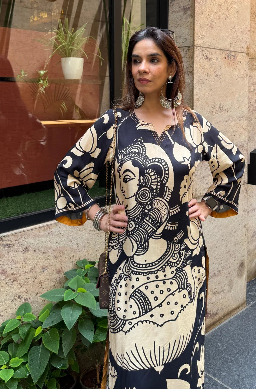 Folk Art Inspired Printed Straight Kurta Set With Pants - BLACK