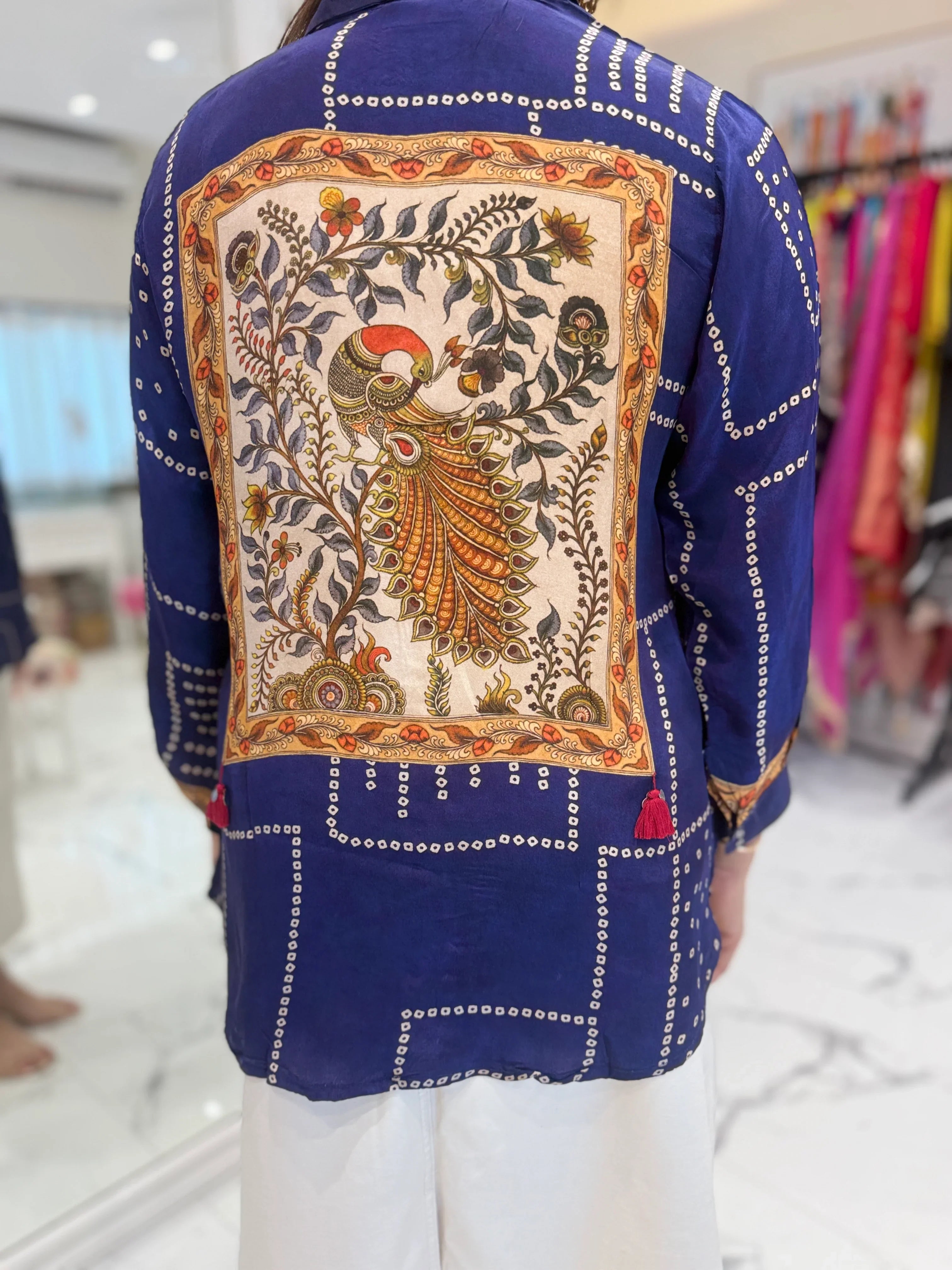 Pure crepe Bandhni kalamkari fusion handwork shirt  -  BLUE