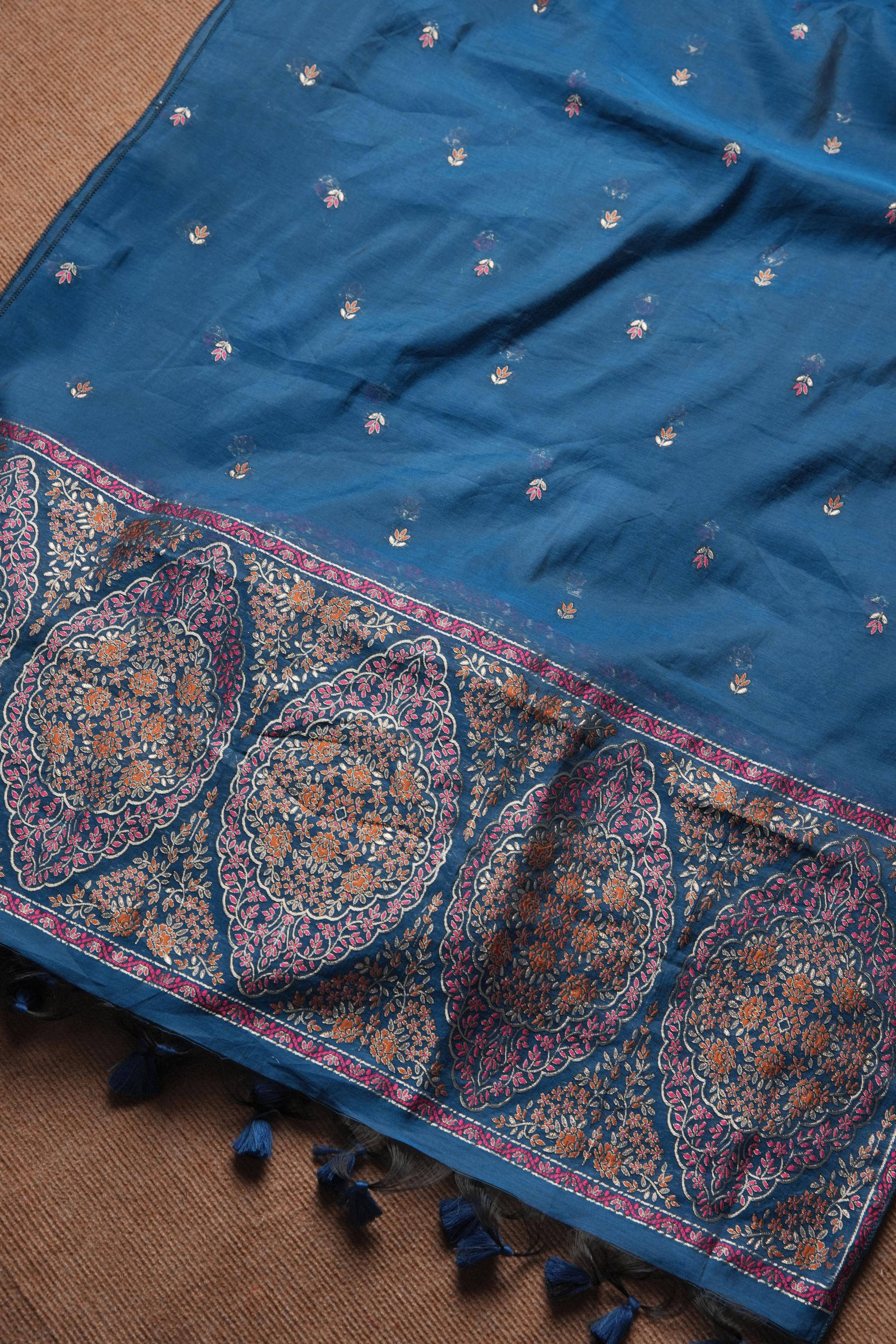 Linen Cotton Kashmiri Art Unstitched Suit- BLUE