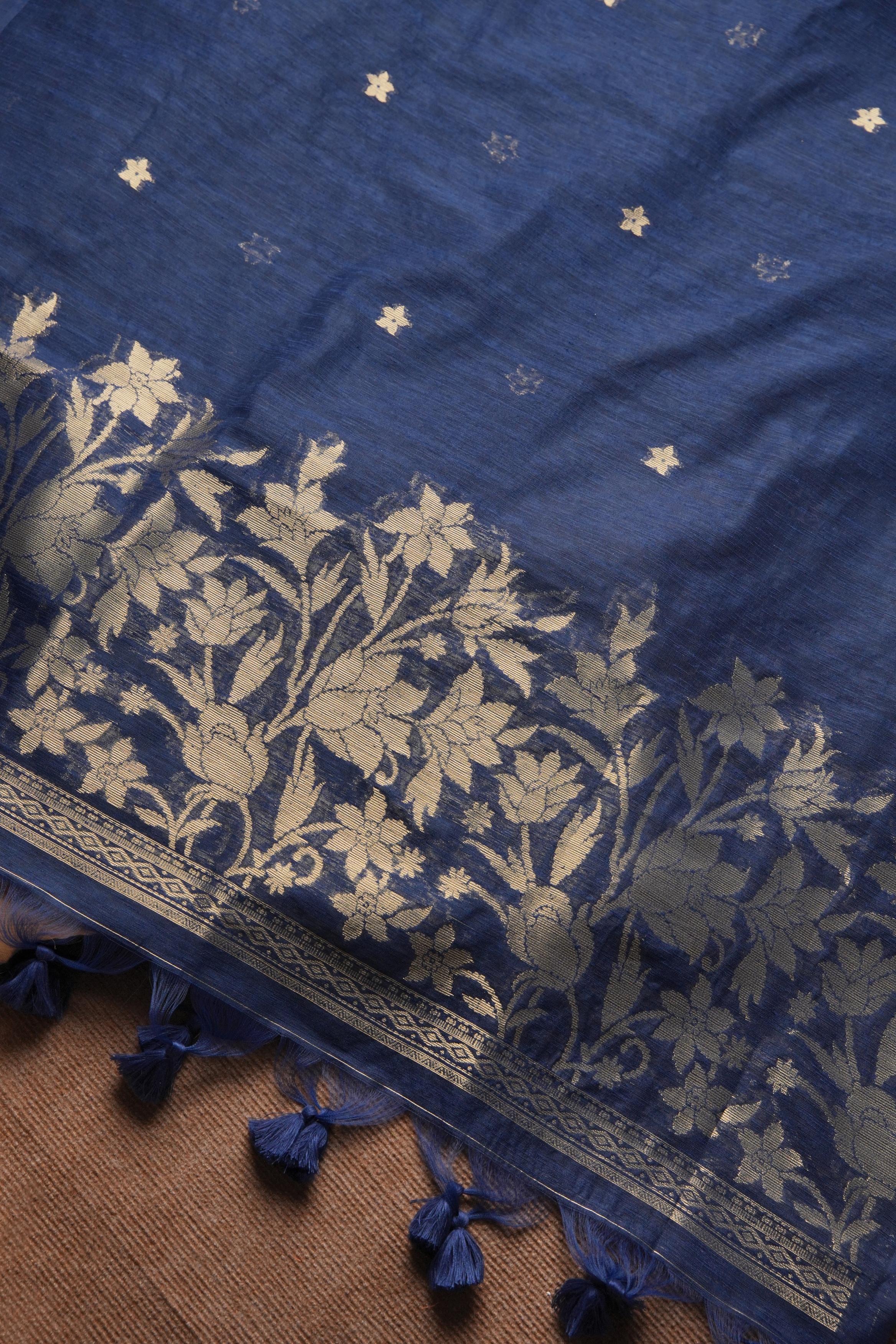 Linen Muslin Golden Zari Unstitched Suit-Navy Blue