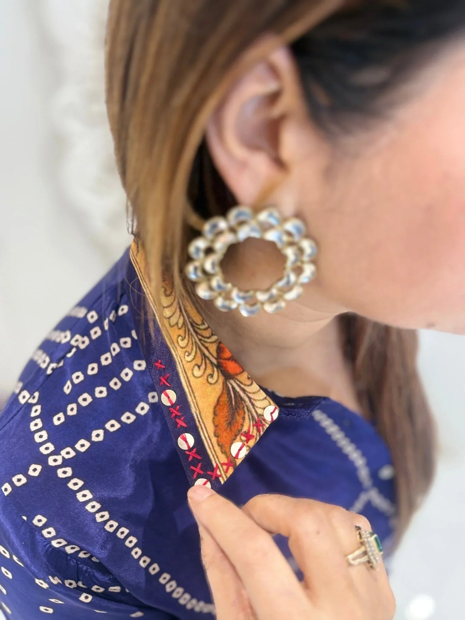 Pure crepe Bandhni kalamkari fusion handwork shirt  -  BLUE
