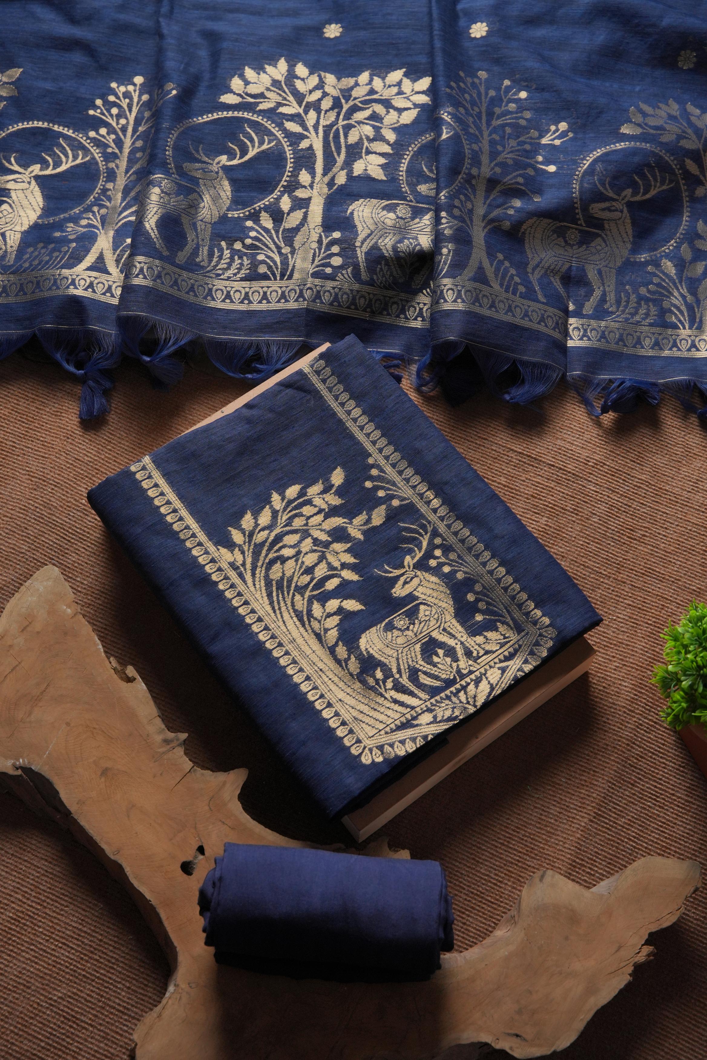 Linen Muslin Golden Zari Unstitched Suit-Navy Blue