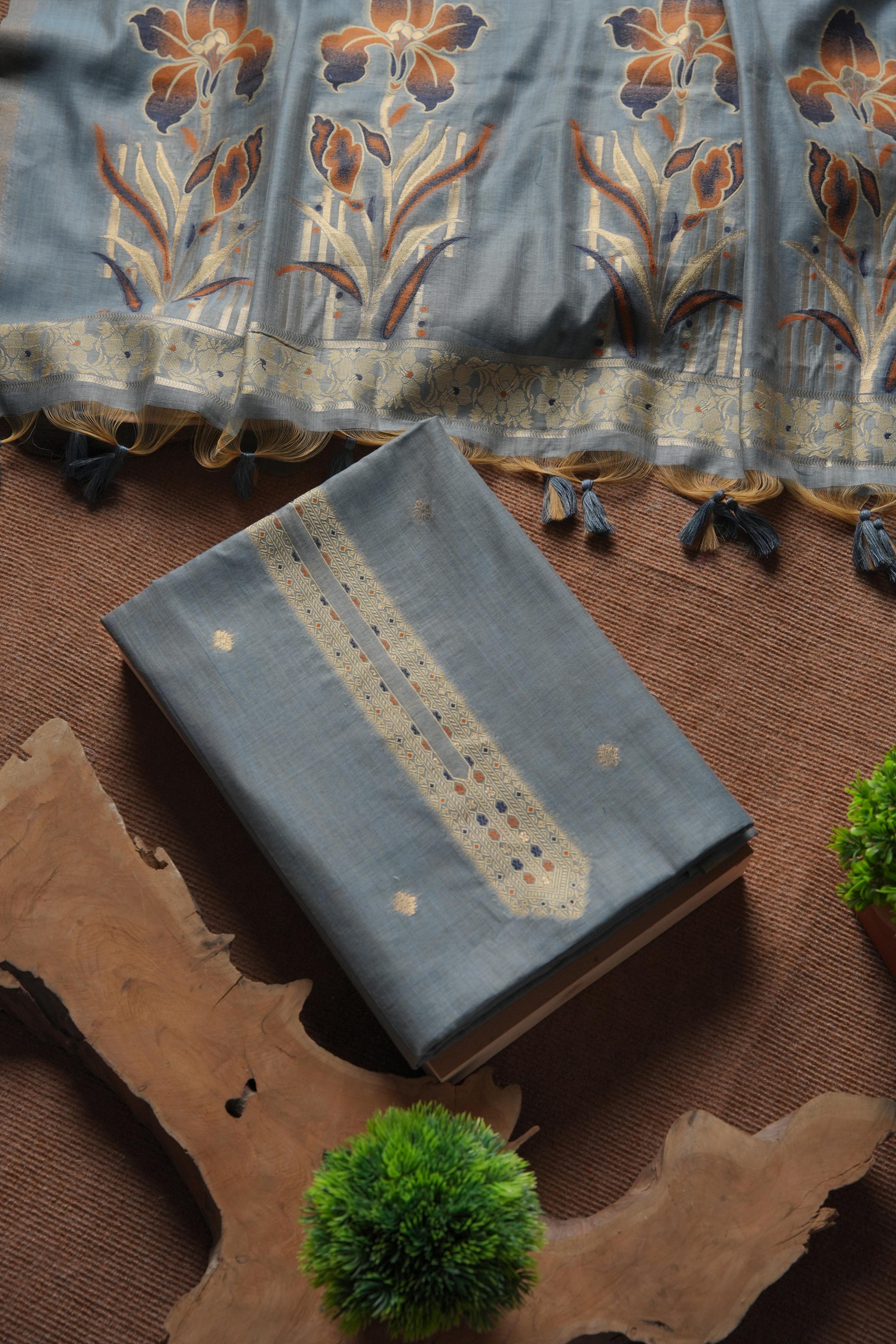 Blush Muga Cotton Unstitched Suit - BLUE