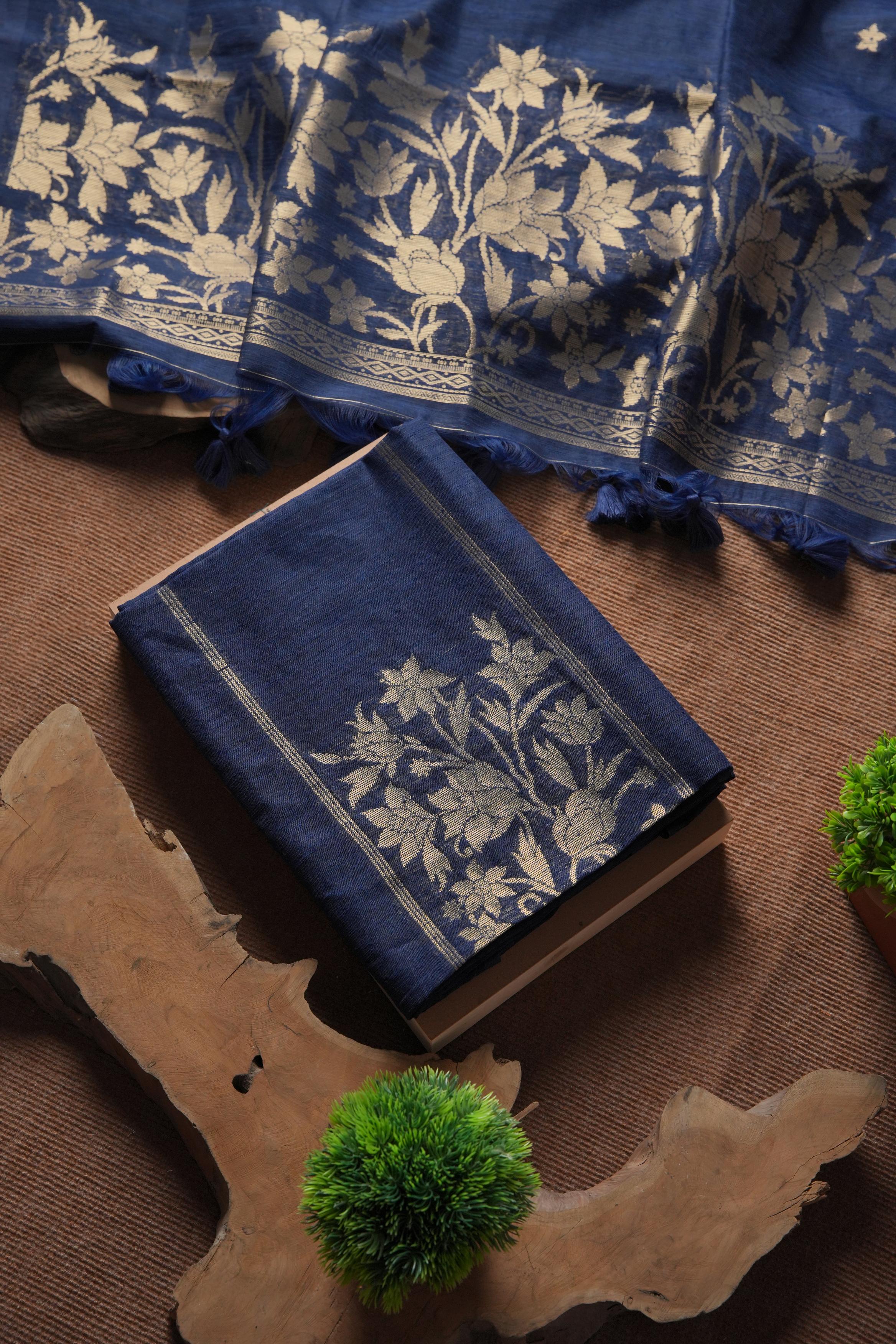 Linen Muslin Golden Zari Unstitched Suit-Navy Blue