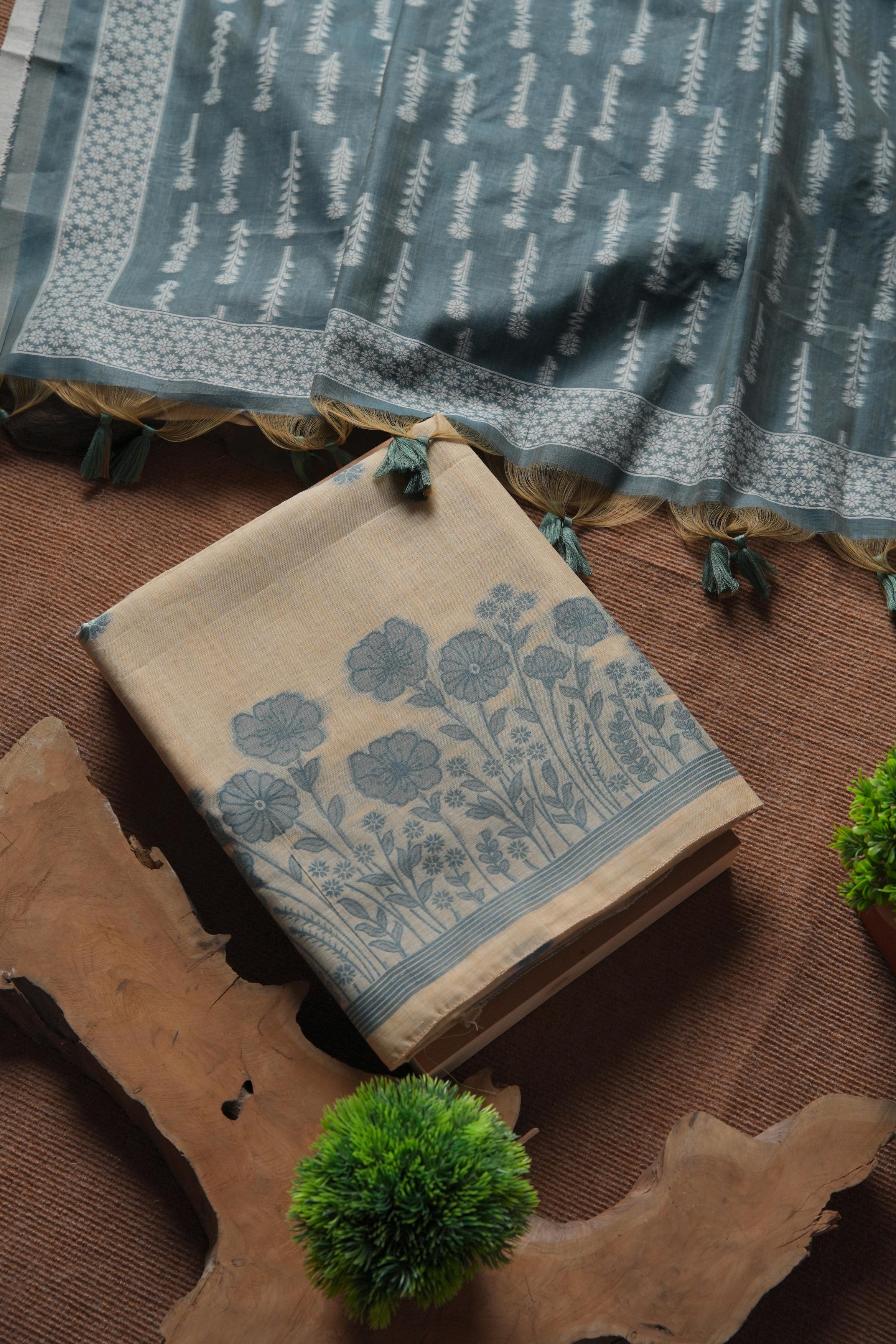 Muga Cotton Floral Woven Unstitched Suit - Blue