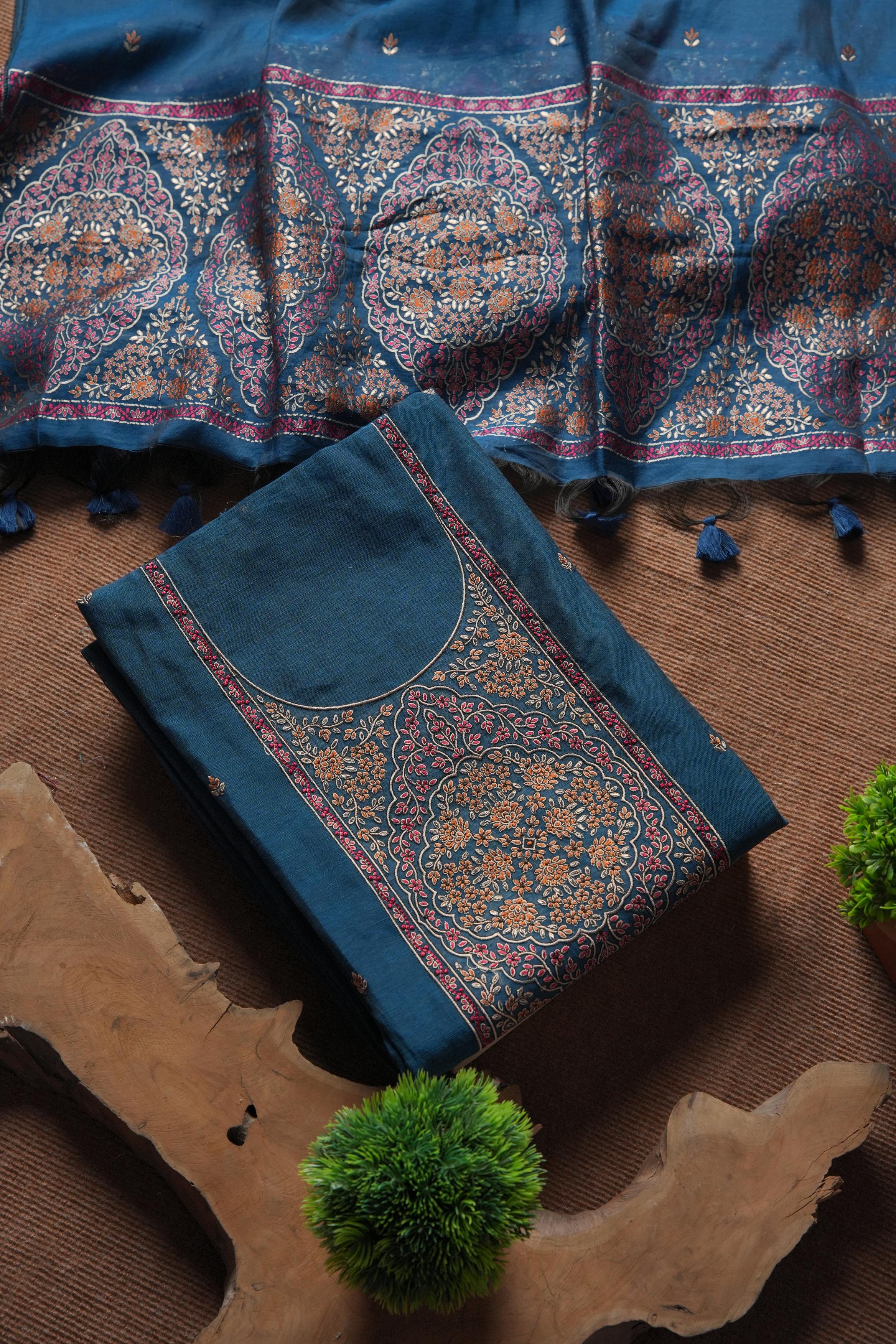 Linen Cotton Kashmiri Art Unstitched Suit- BLUE
