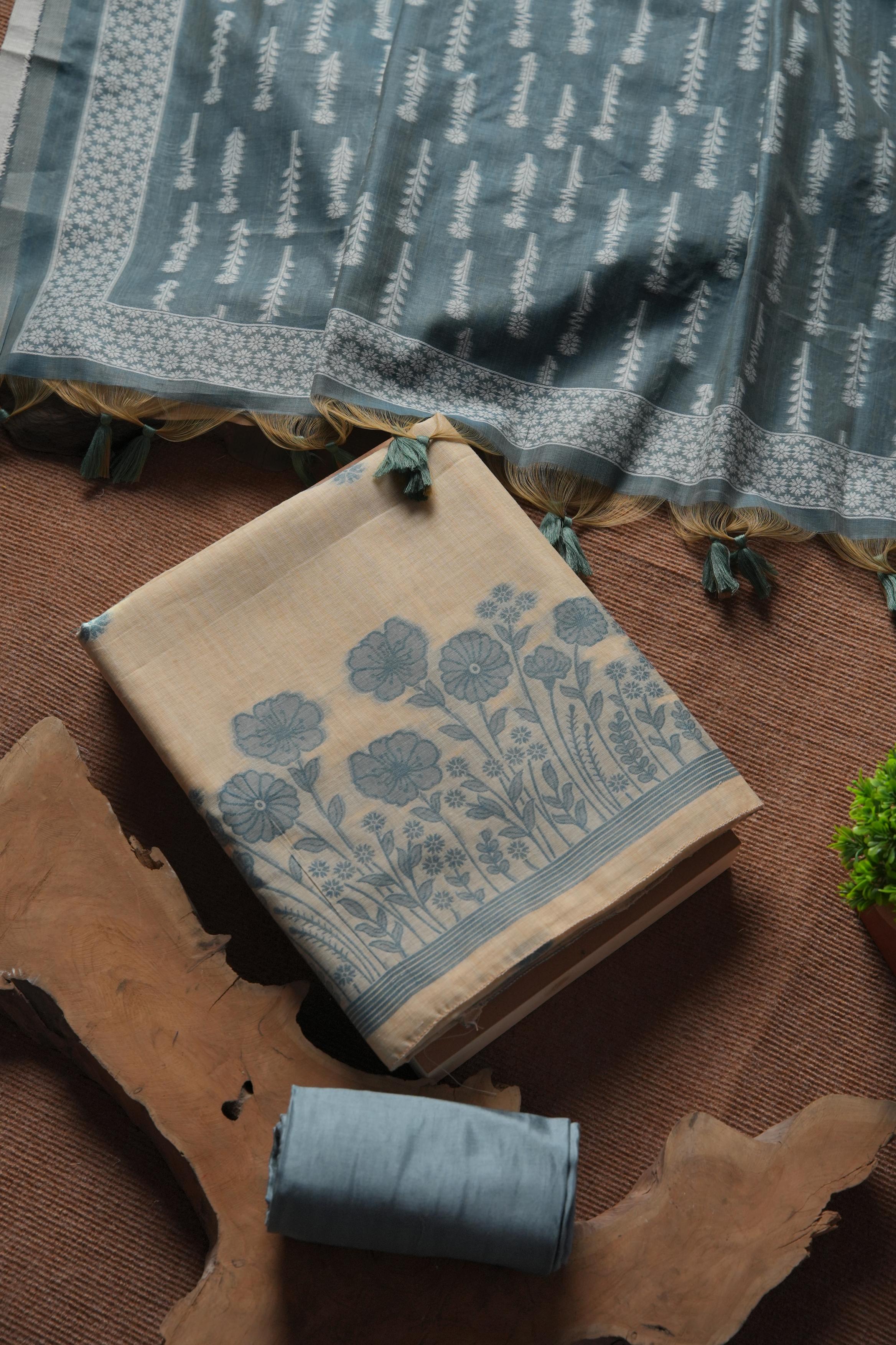 Muga Cotton Floral Woven Unstitched Suit - Blue