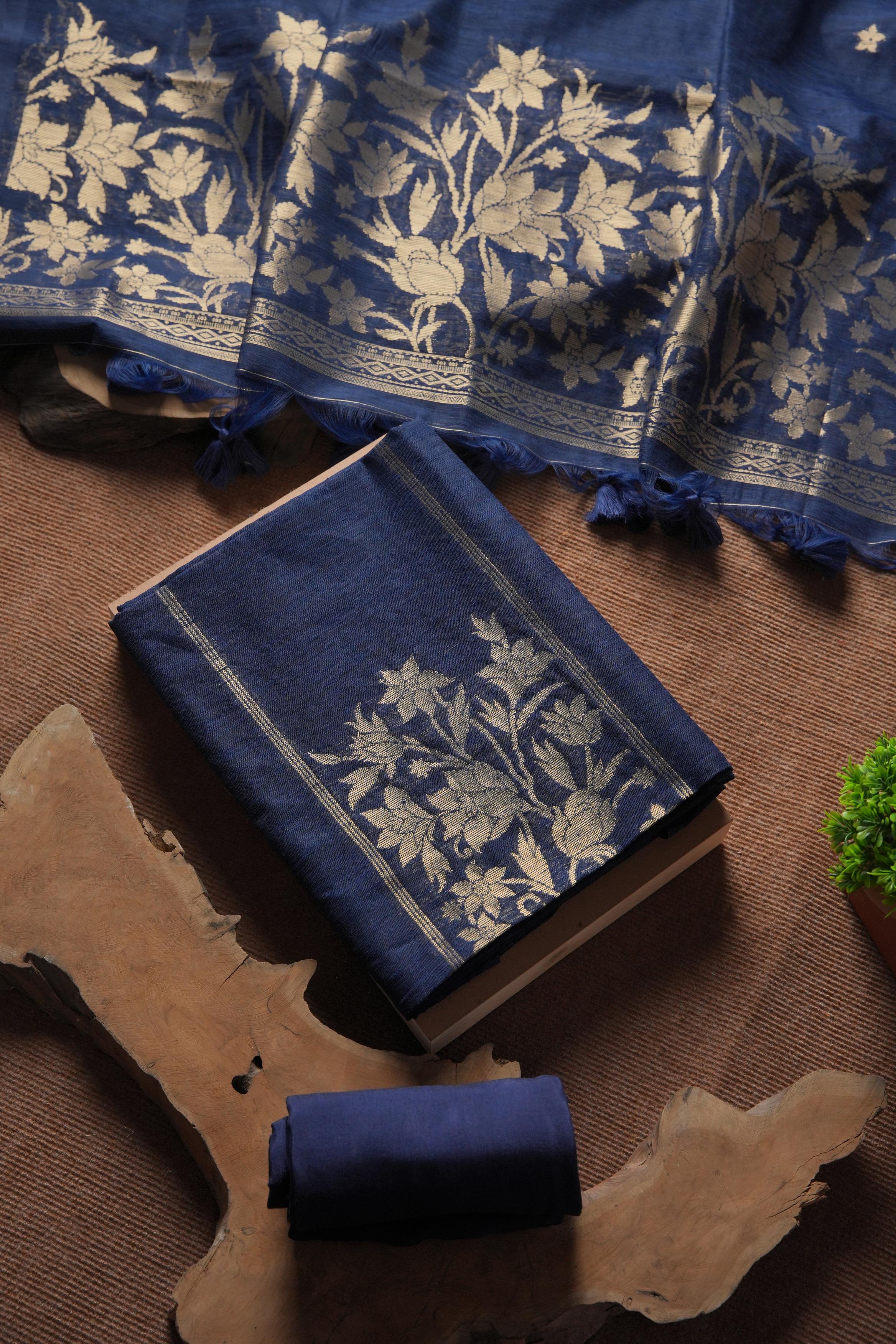 Linen Muslin Golden Zari Unstitched Suit-Navy Blue