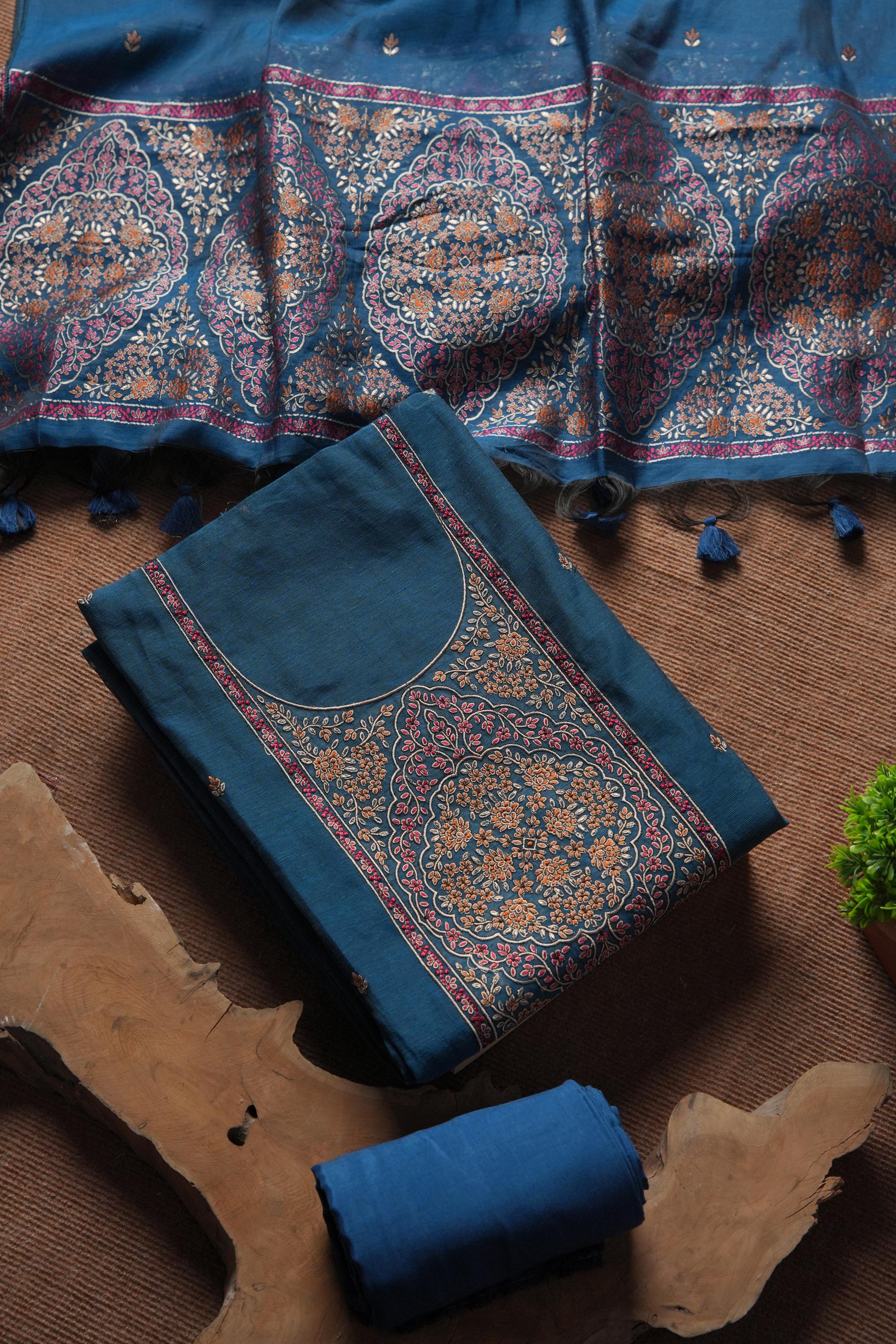 Linen Cotton Kashmiri Art Unstitched Suit- BLUE