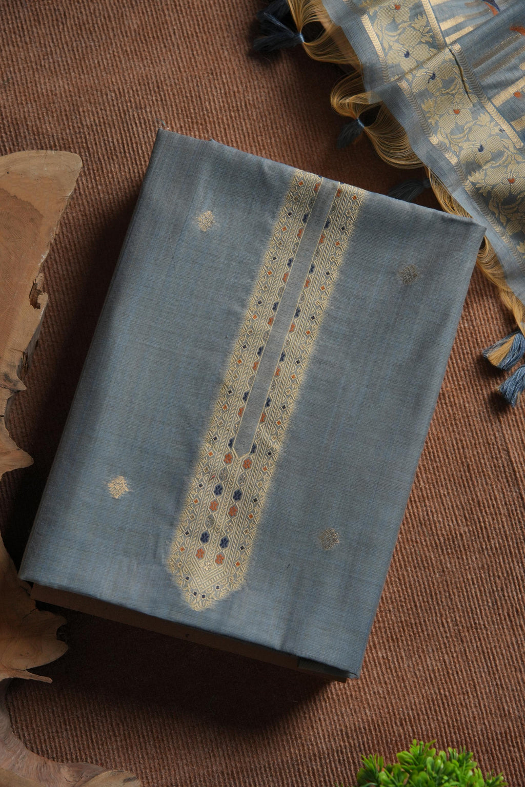 Blush Muga Cotton Unstitched Suit - BLUE