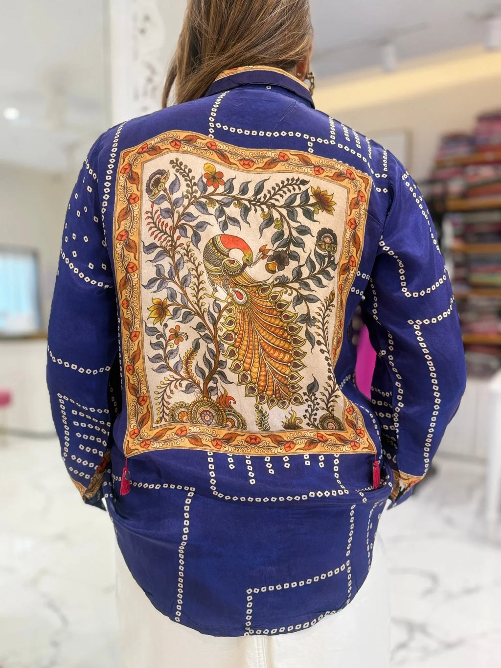 Pure crepe Bandhni kalamkari fusion handwork shirt  -  BLUE