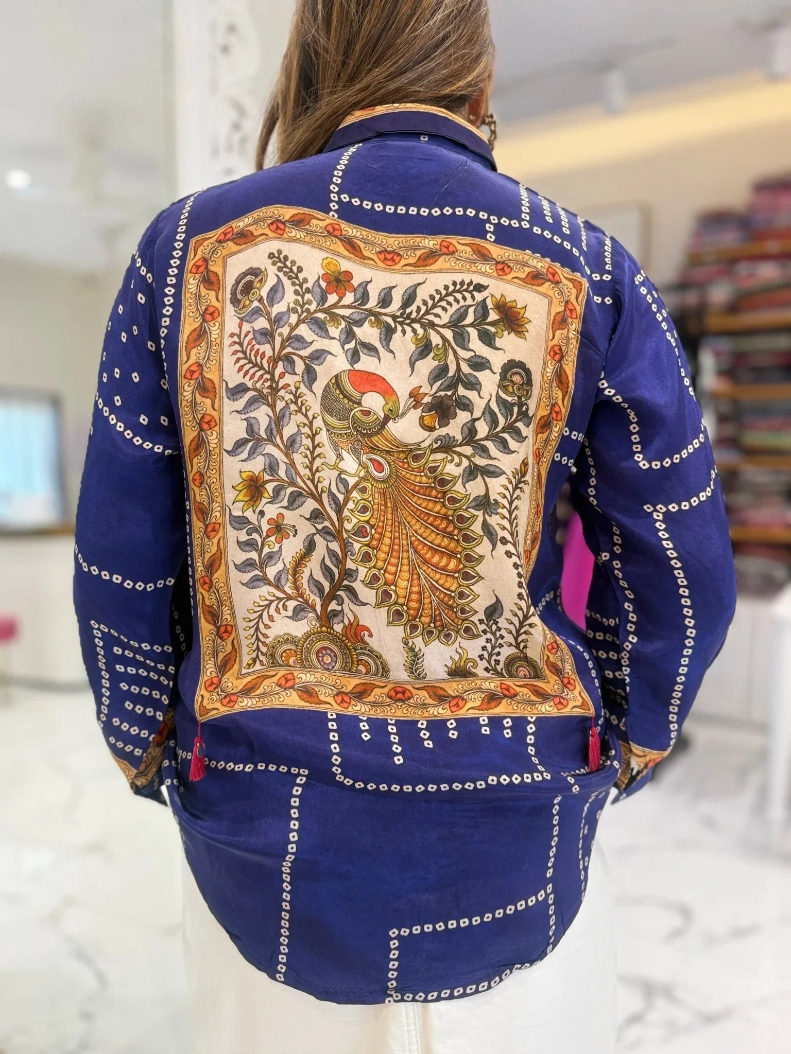Pure crepe Bandhni kalamkari fusion handwork shirt  -  BLUE
