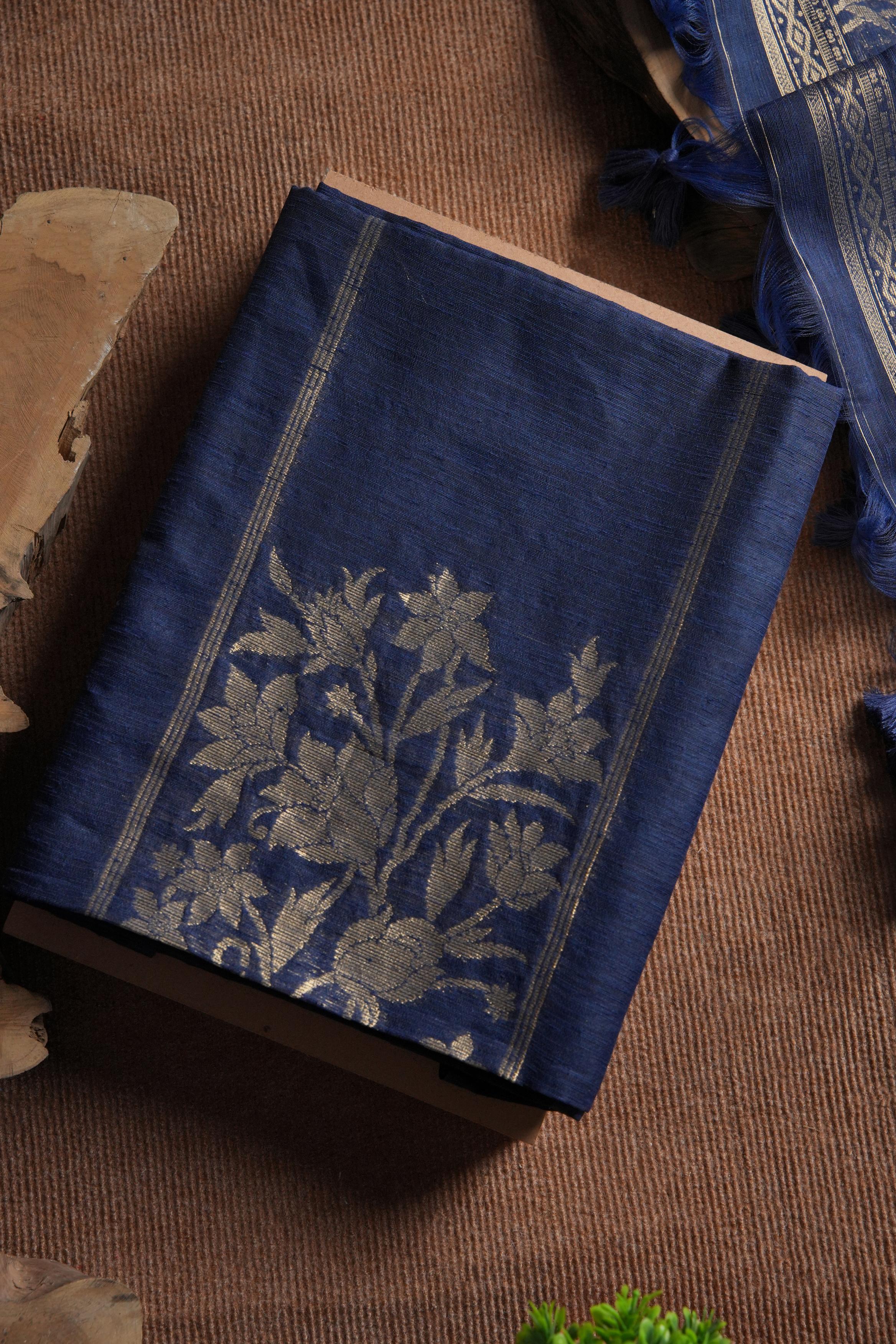 Linen Muslin Golden Zari Unstitched Suit-Navy Blue