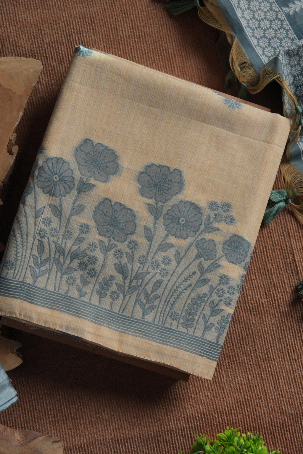 Muga Cotton Floral Woven Unstitched Suit - Blue