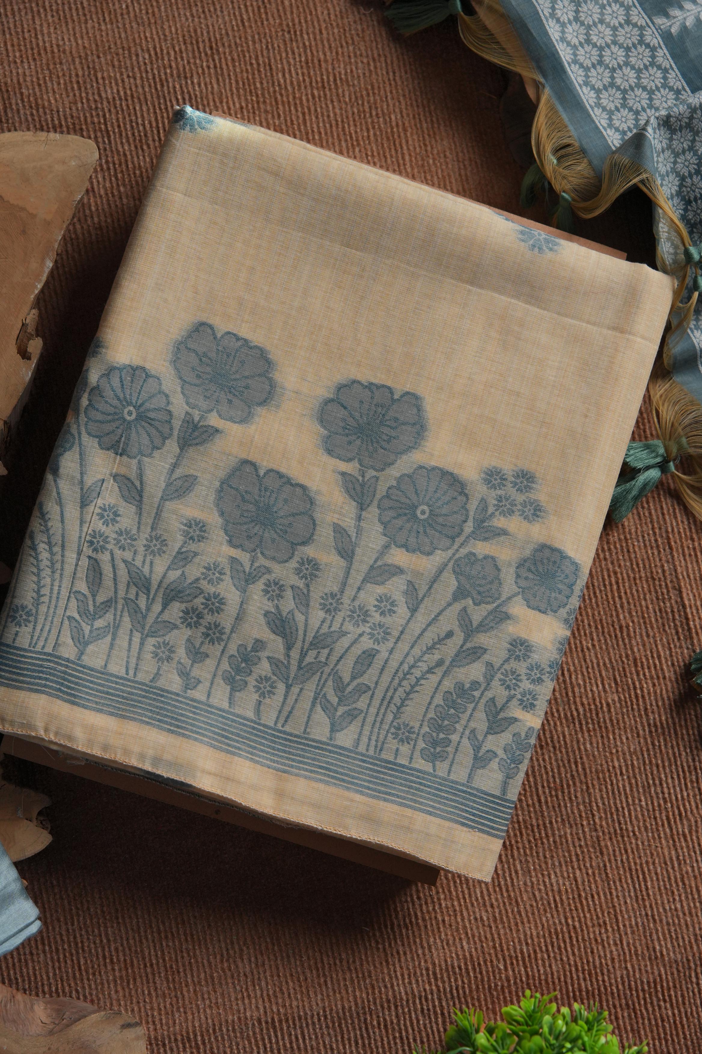 Muga Cotton Floral Woven Unstitched Suit - Blue