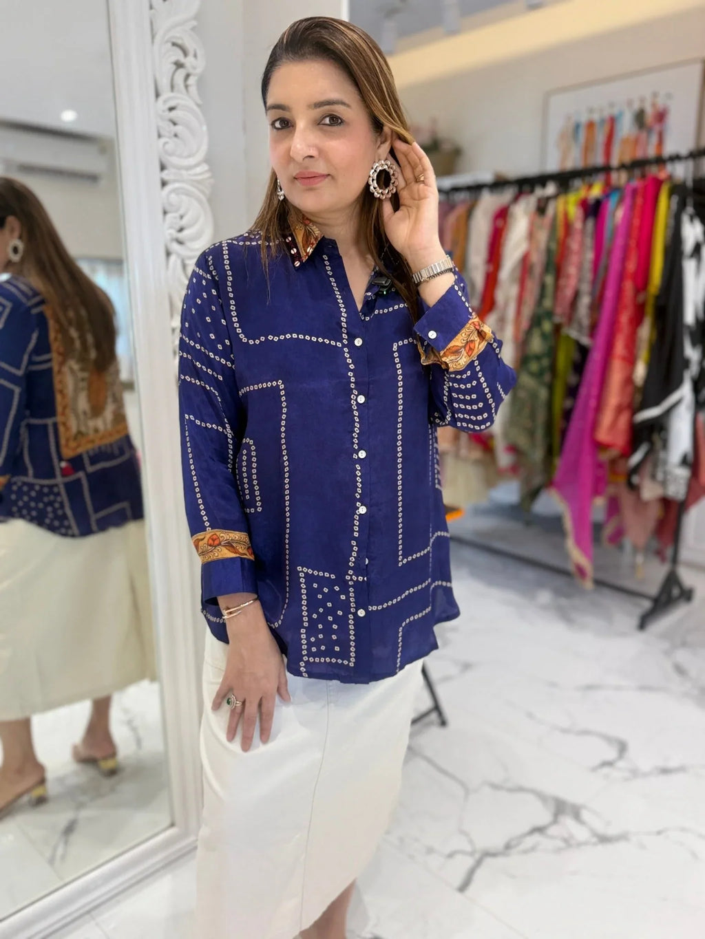Pure crepe Bandhni kalamkari fusion handwork shirt  -  BLUE