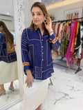 Pure crepe Bandhni kalamkari fusion handwork shirt  -  BLUE
