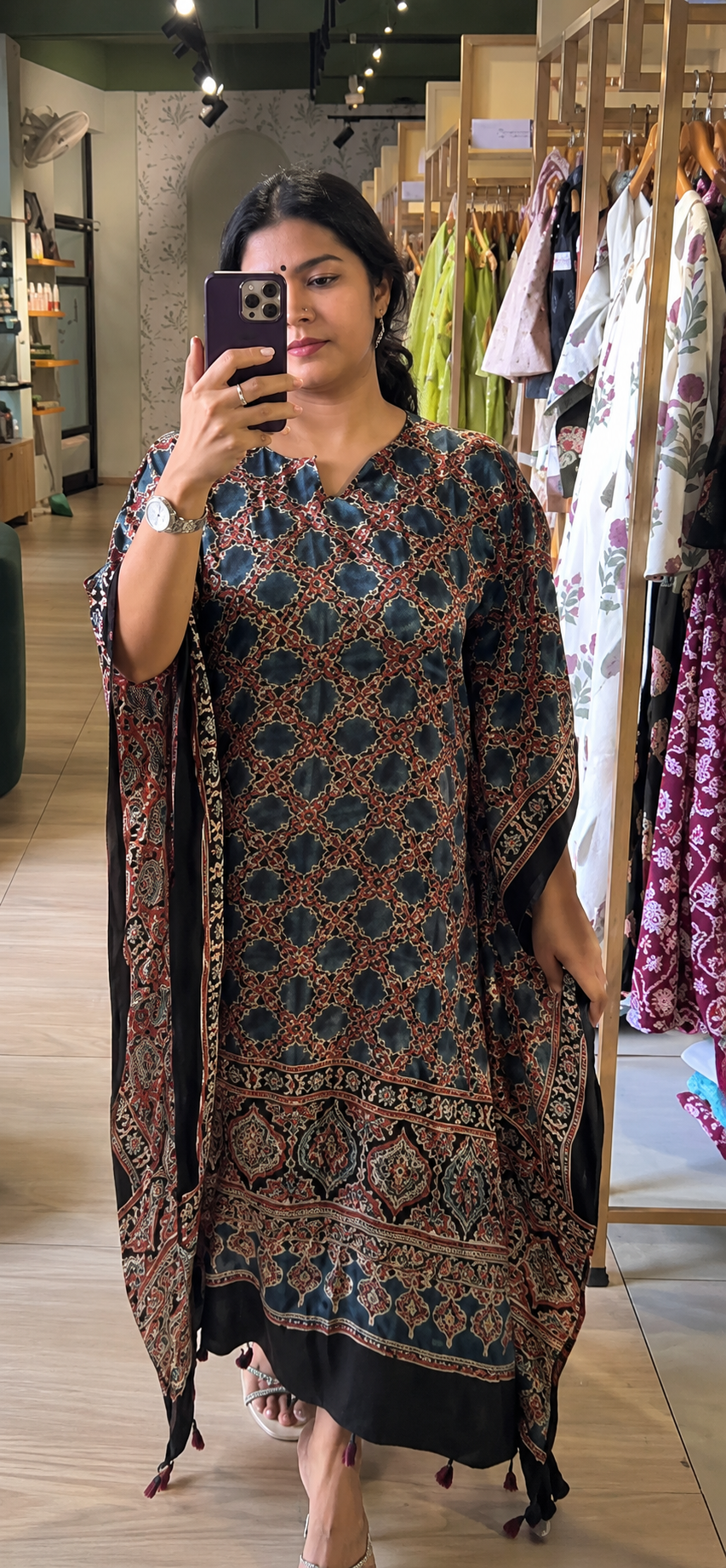 Modal Silk Ajrakh Printed Kaftan with Tassel - BLACK