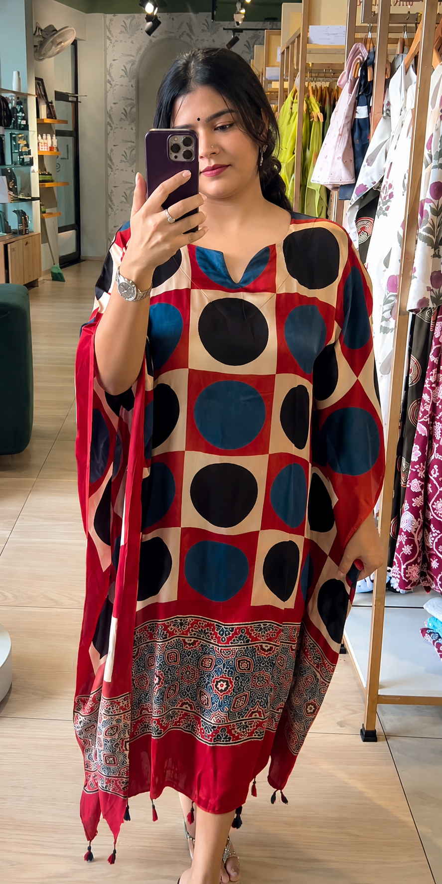 Modal Silk Ajrakh Printed Kaftan with Tassel