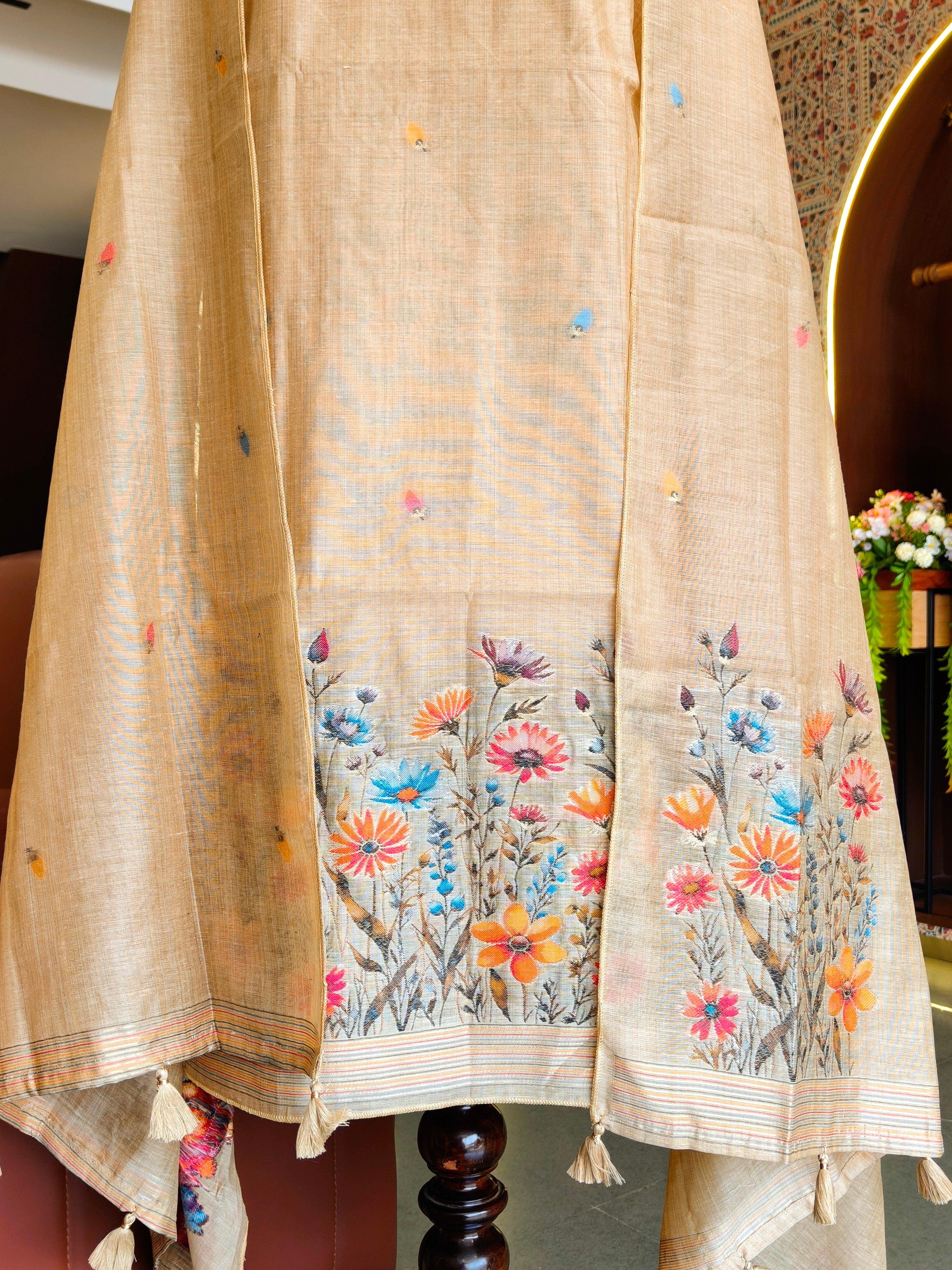 Muga Cotton Floral Unstitched Suit- Chiku