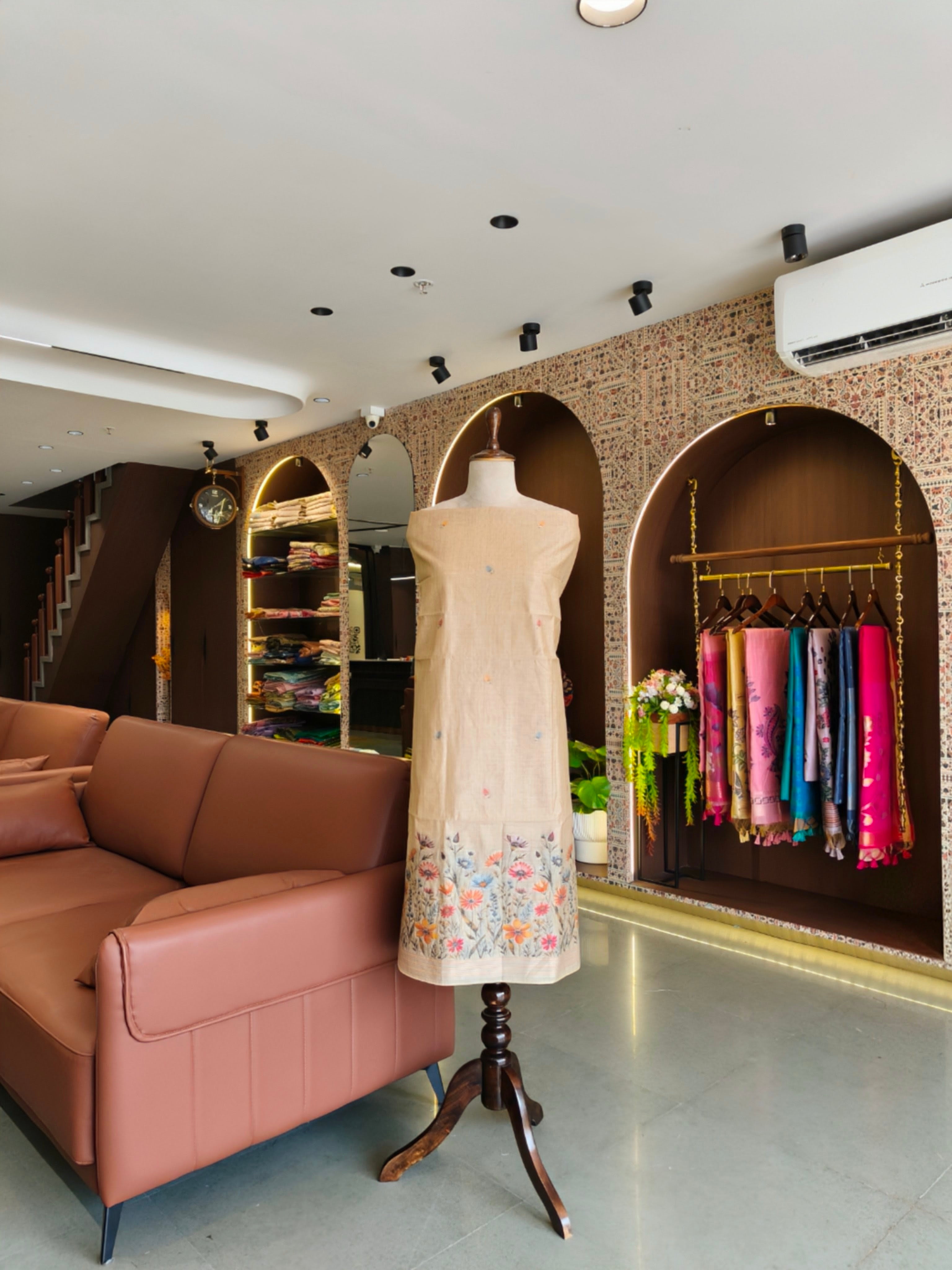 Muga Cotton Floral Unstitched Suit- Chiku