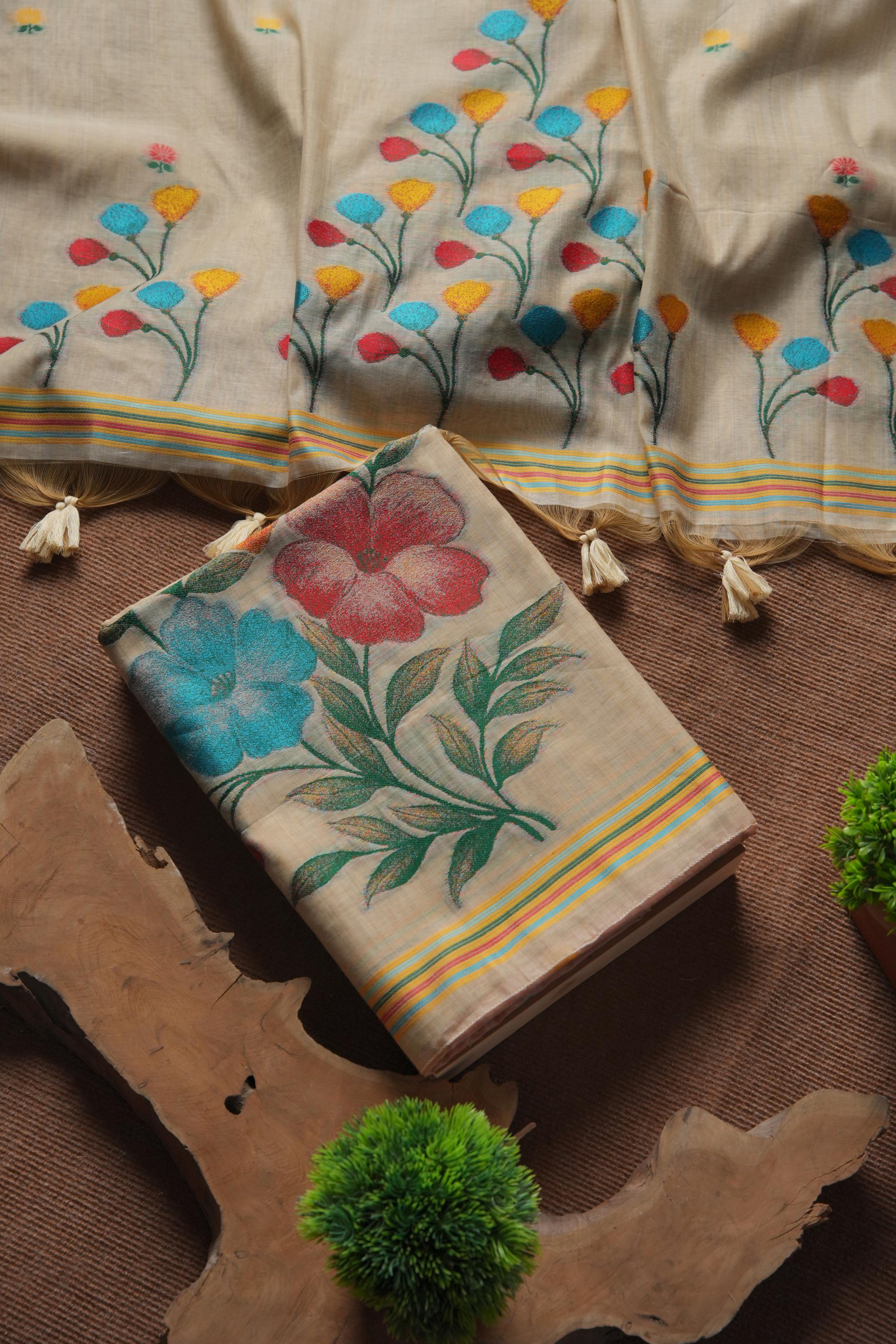 Blossom Handcrafted Muga Cotton Suit- CHIKU