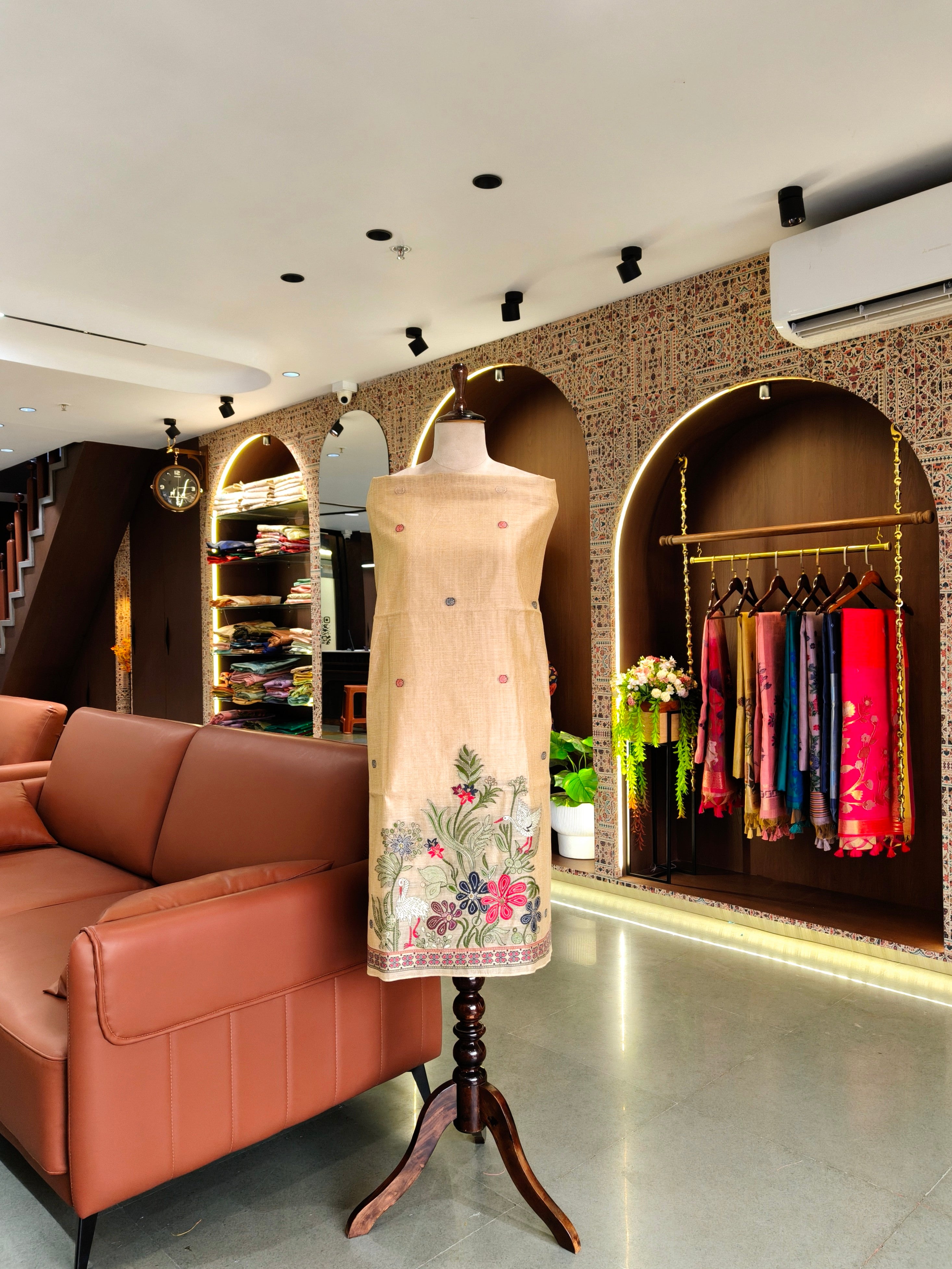 Muga Cotton Khadi Jamdani Unstitched Suit- Chiku