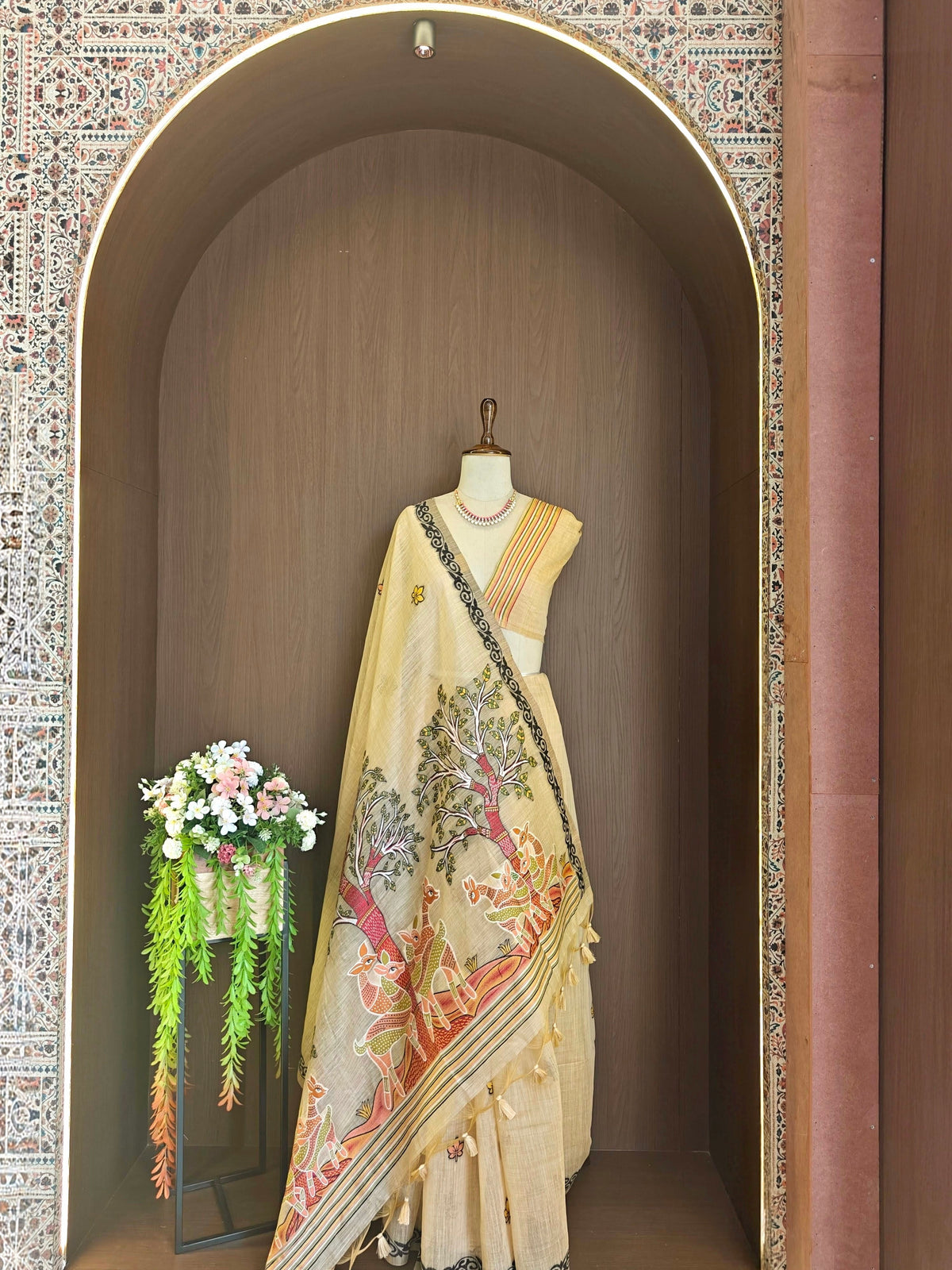 Designer Muga Cotton Saree with Warli Inspired Border-CHIKU