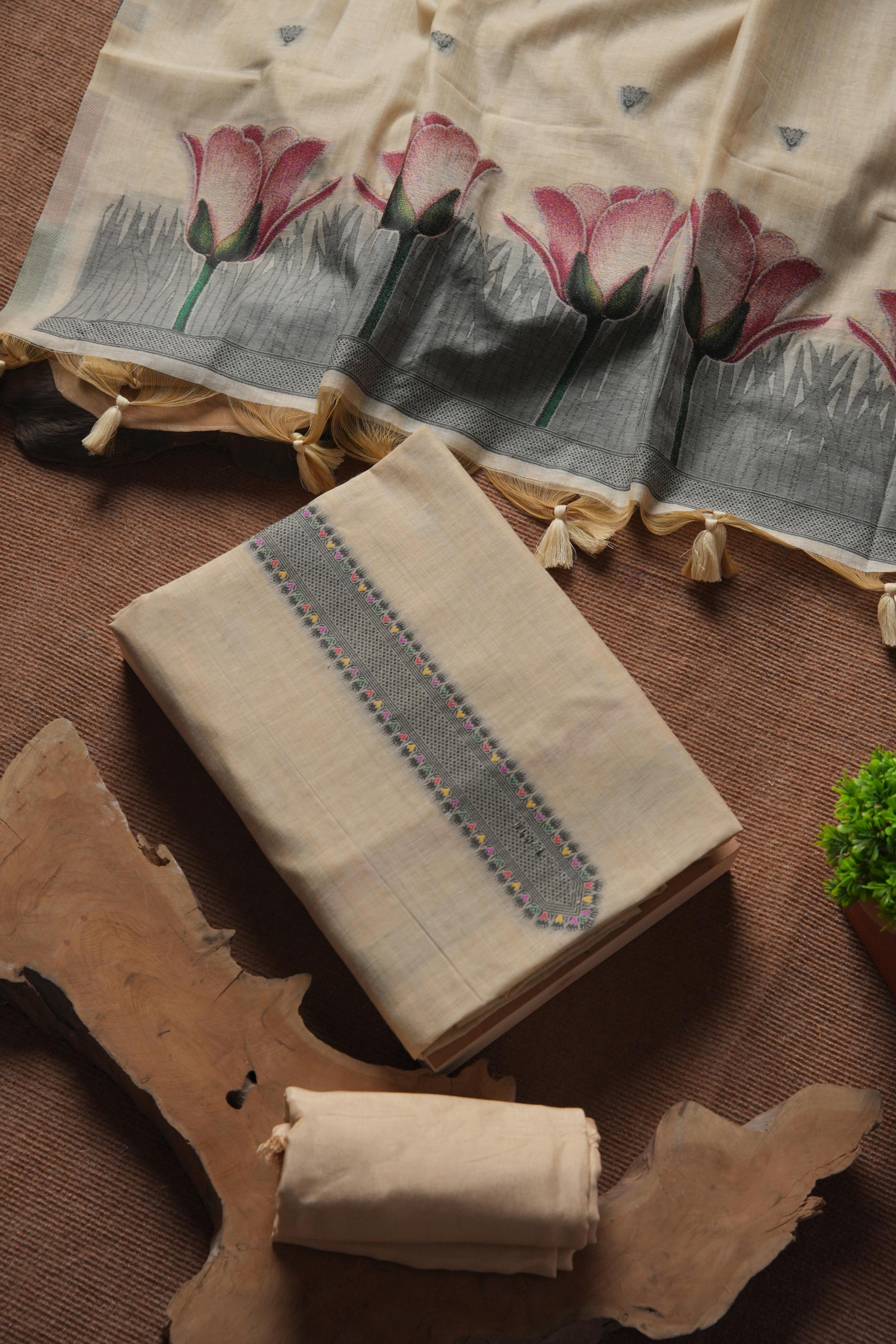 Chandni Lotus Pure Linen Suit - CHIKU