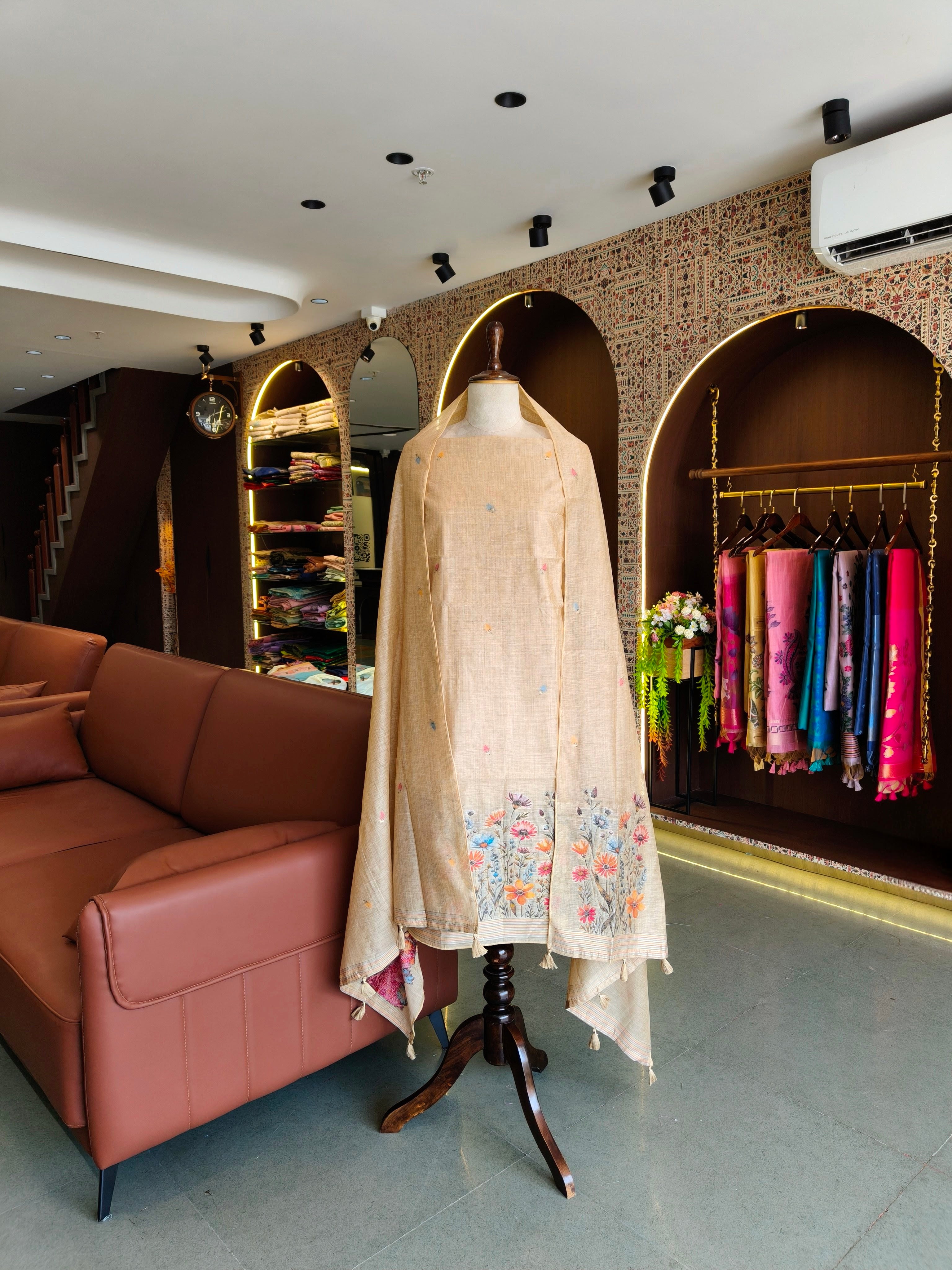 Muga Cotton Floral Unstitched Suit- Chiku