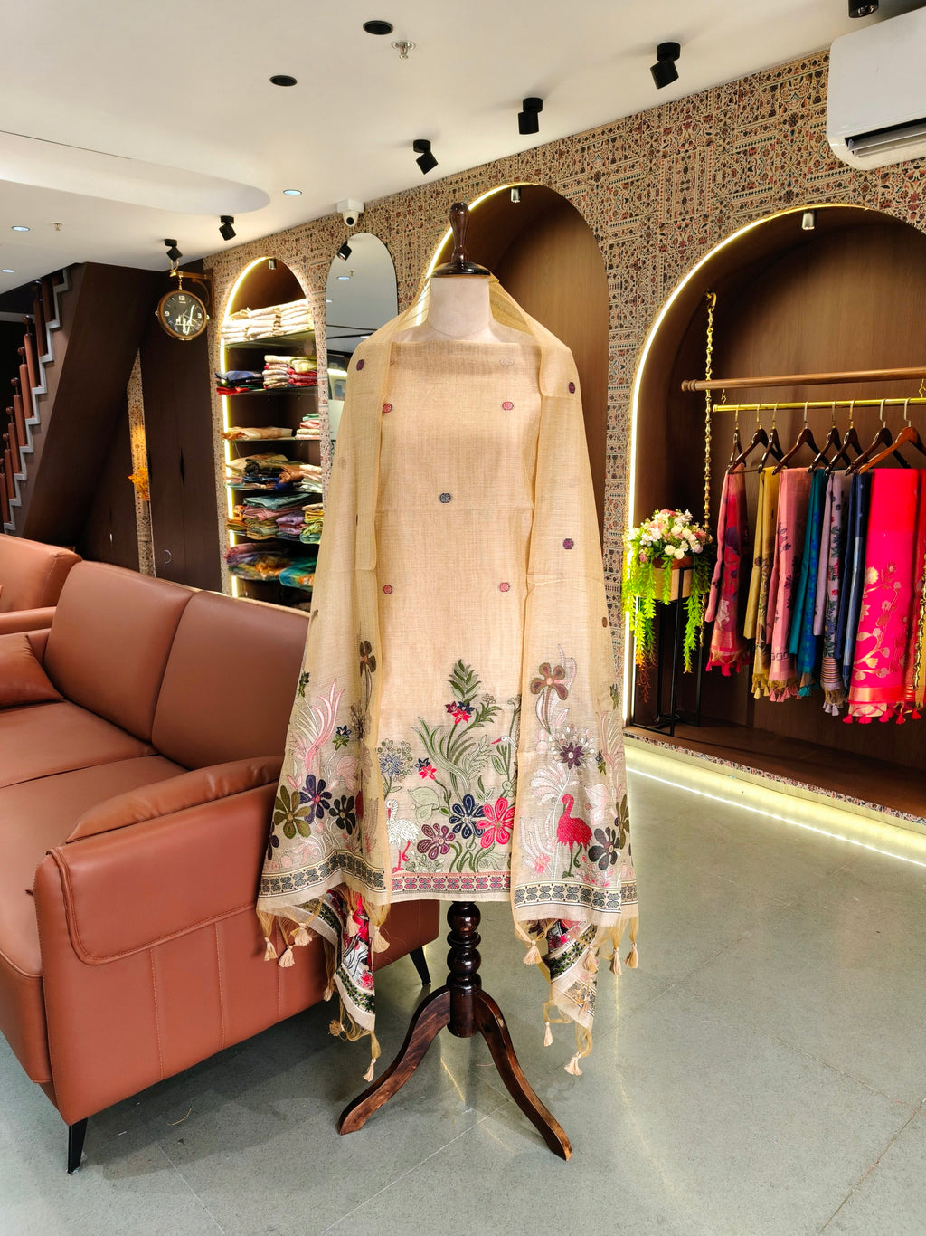 Muga Cotton Khadi Jamdani Unstitched Suit- Chiku