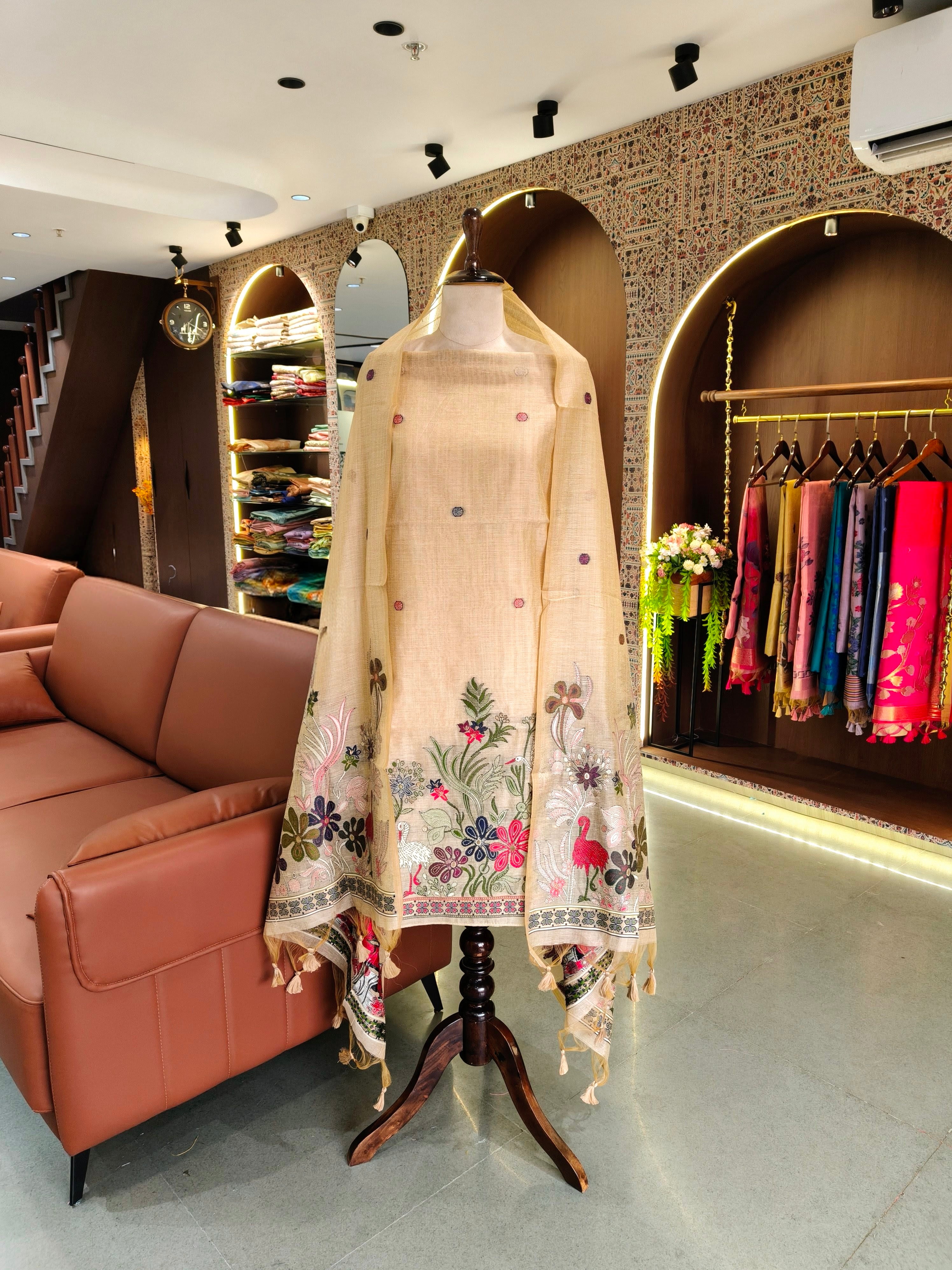 Muga Cotton Khadi Jamdani Unstitched Suit- Chiku