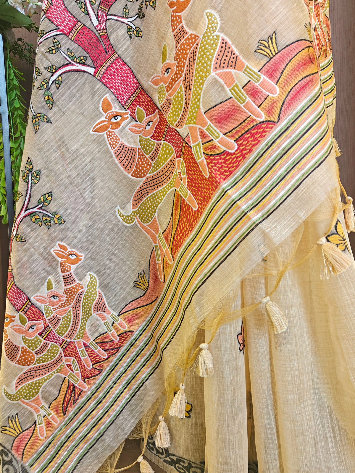 Designer Muga Cotton Saree with Warli Inspired Border-CHIKU