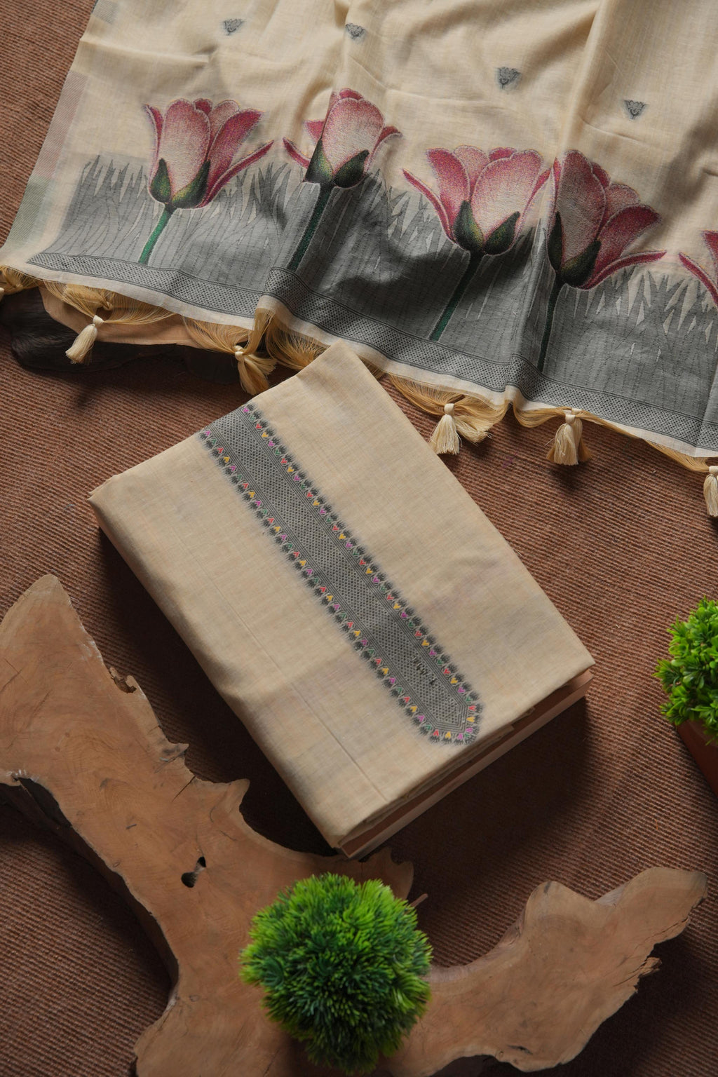 Chandni Lotus Pure Linen Suit - CHIKU