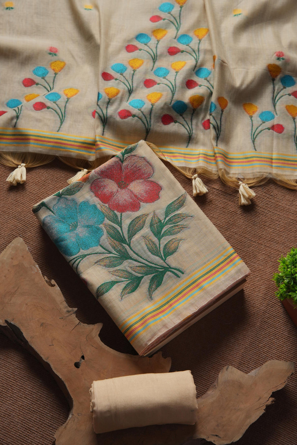 Blossom Handcrafted Muga Cotton Suit- CHIKU