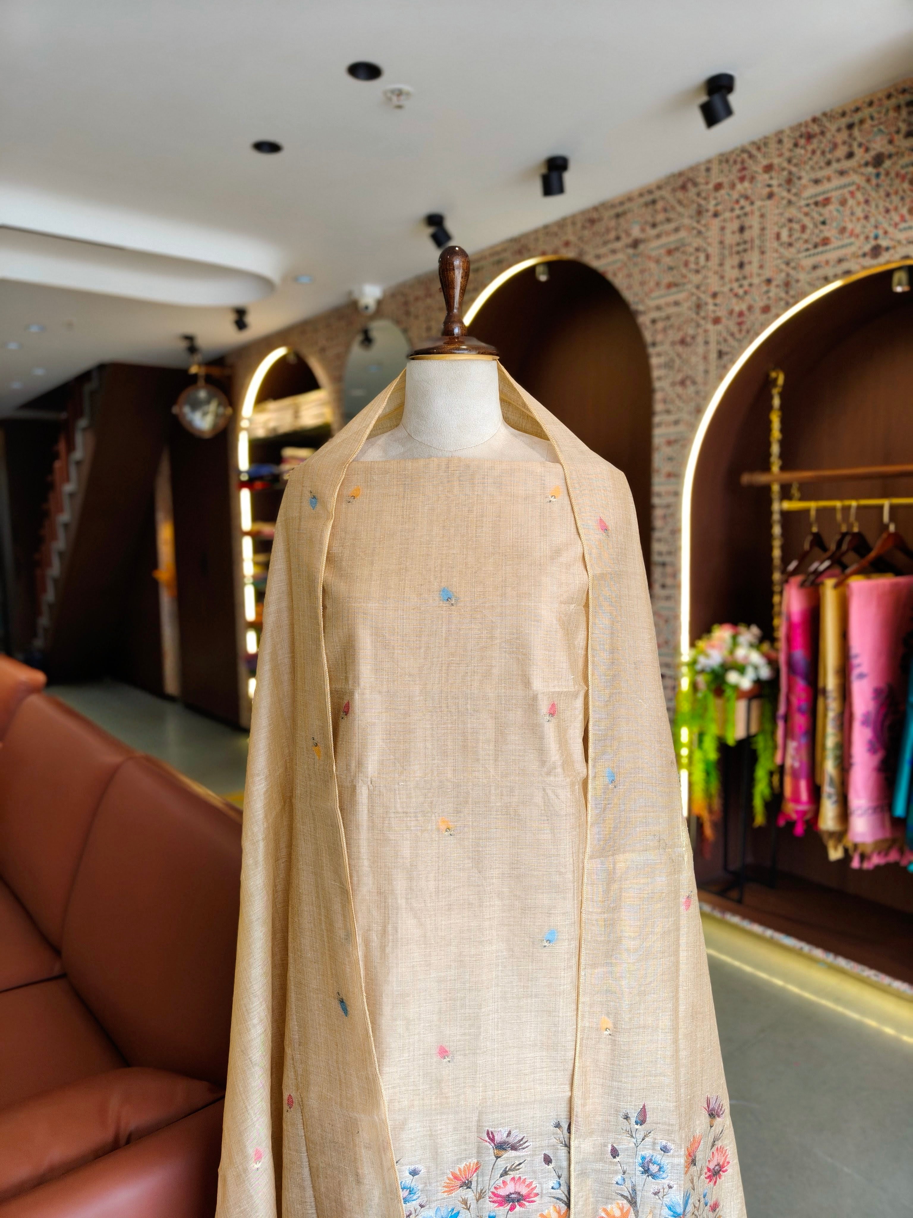 Muga Cotton Floral Unstitched Suit- Chiku