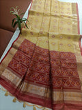 Raw Silk Ikkat Saree With Zari Woven Border-CHIKU