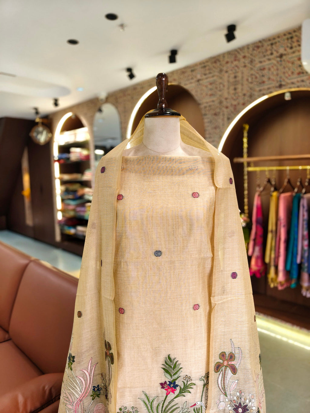 Muga Cotton Khadi Jamdani Unstitched Suit- Chiku