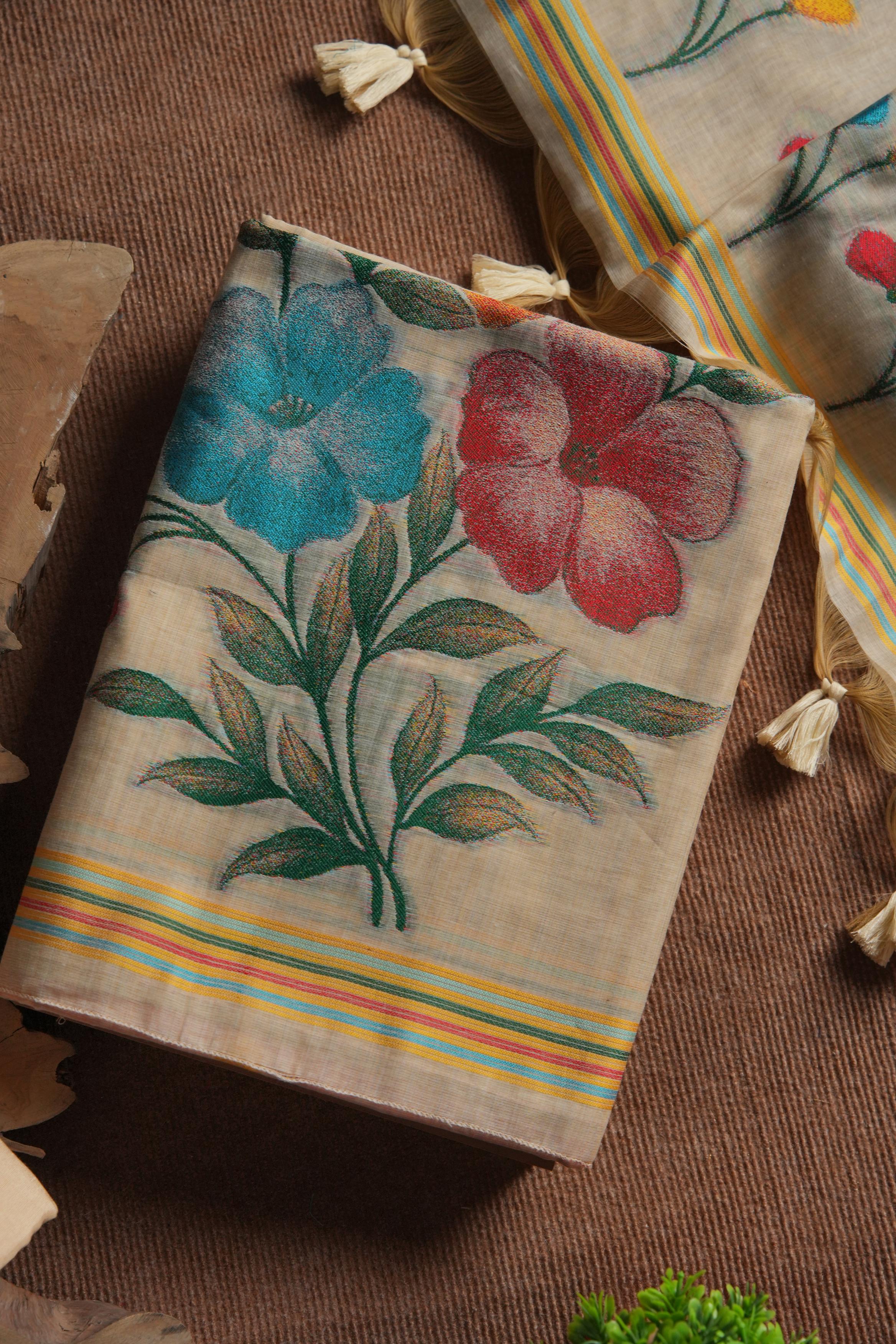 Blossom Handcrafted Muga Cotton Suit- CHIKU