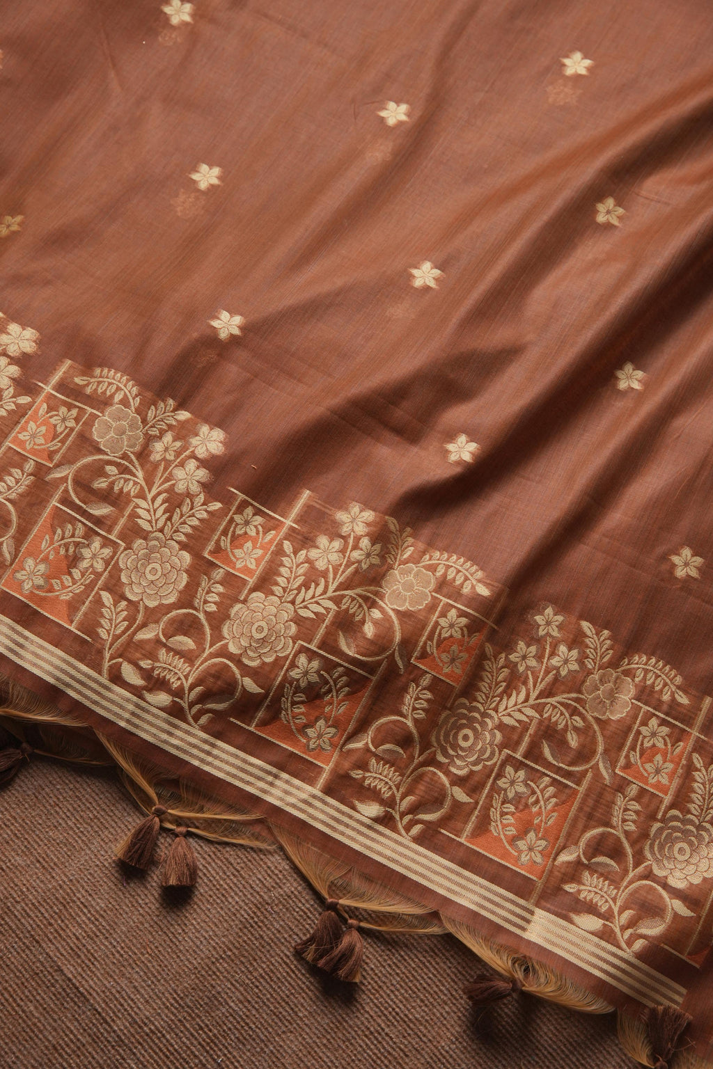 Muga Cotton Floral Pattern Unstitched Suit - Coffee